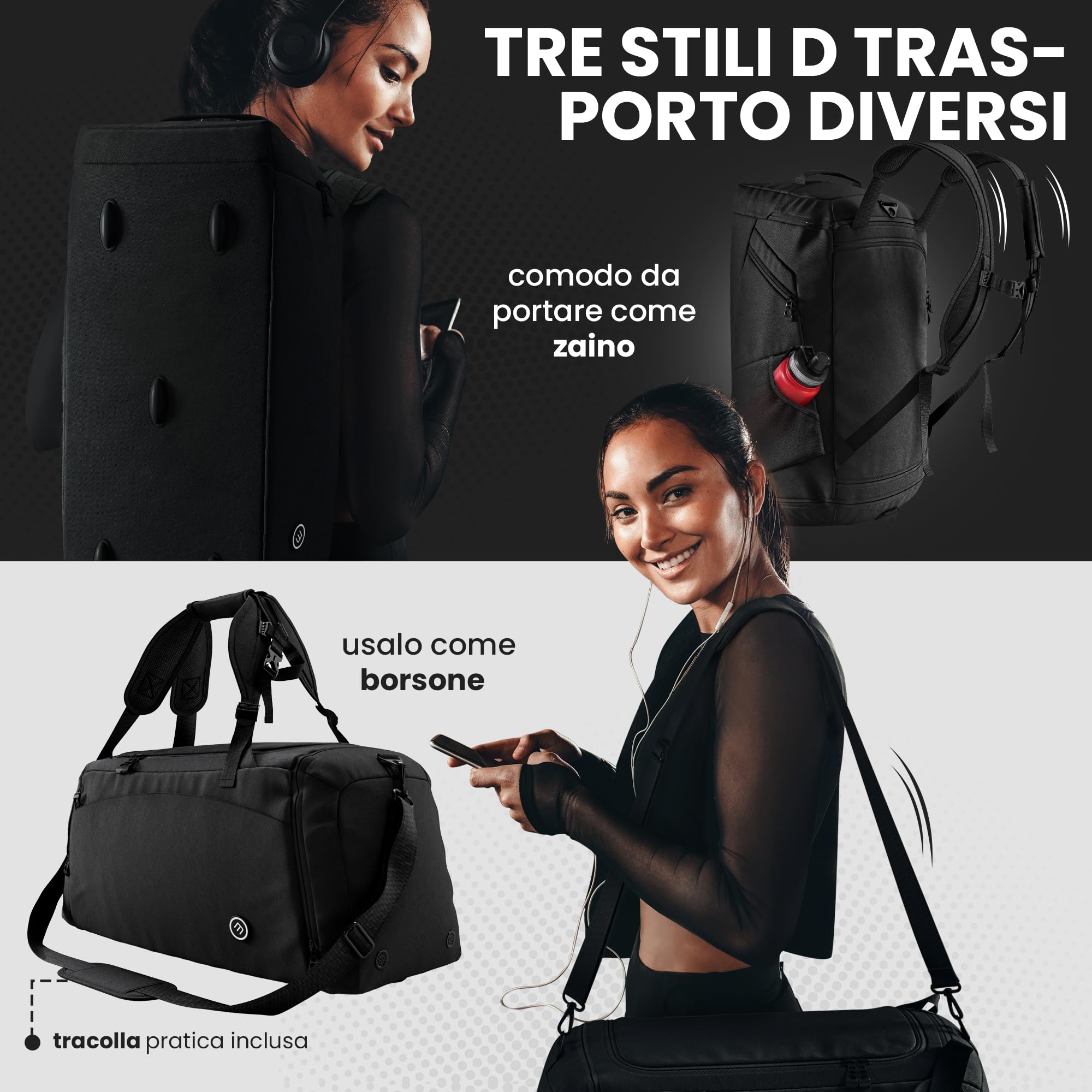 bemaxx Borsone Palestra Uomo Donna Borsa da Viaggio con Scomparto Scarpe e Bagnato | 40/60L con Funzione Zaino, 30/50L Borsa Sportiva da Allenamento Nuoto Fitness Gym Training Sacca Bagaglio a Mano