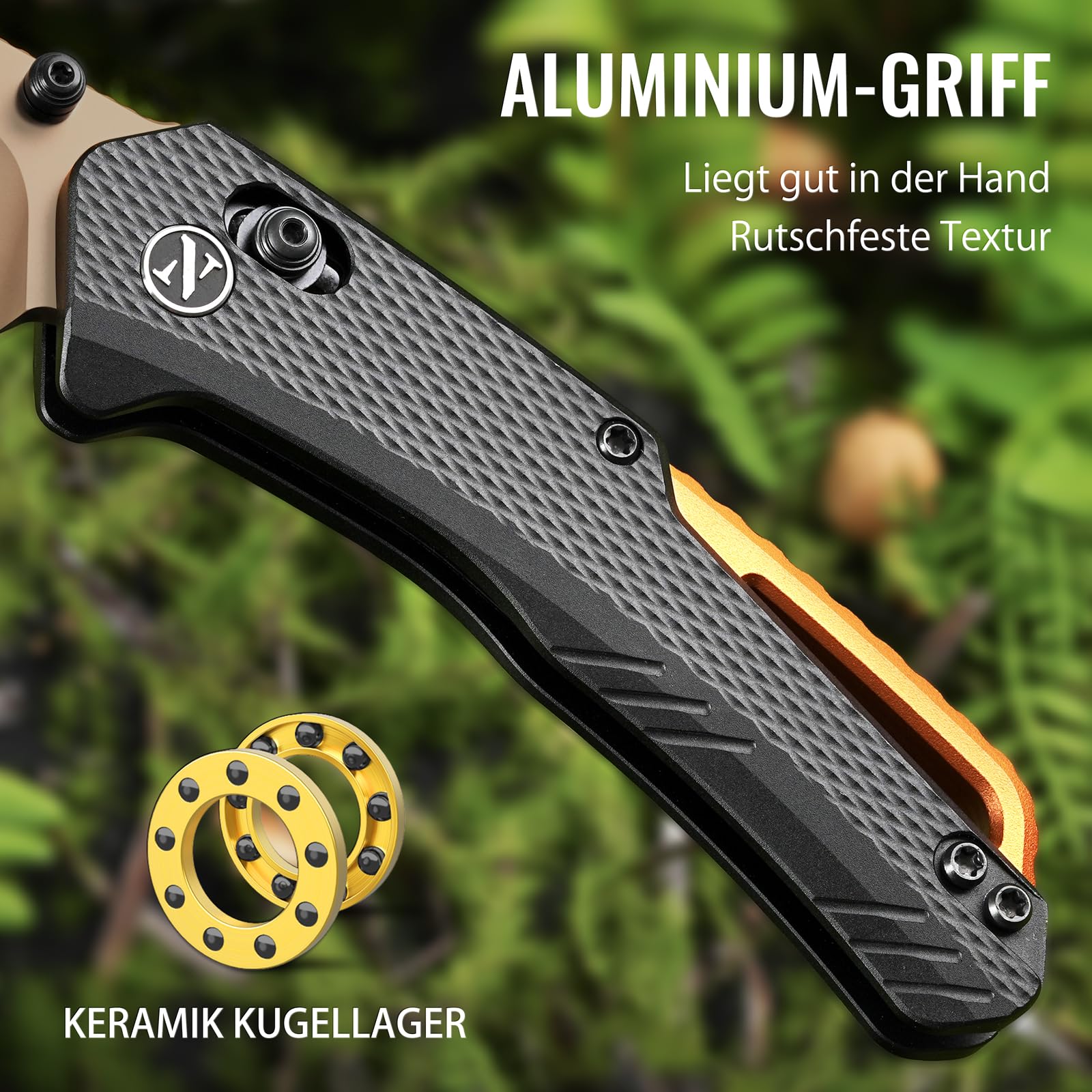 NedFoss KROKODIL couteau pliant, 14C28N acier couteau survie, Longueur lame 7.5 cm, manche aluminium avec clip ceinture, axis lock, mini couteau de poche, Revêtement en titane bronze