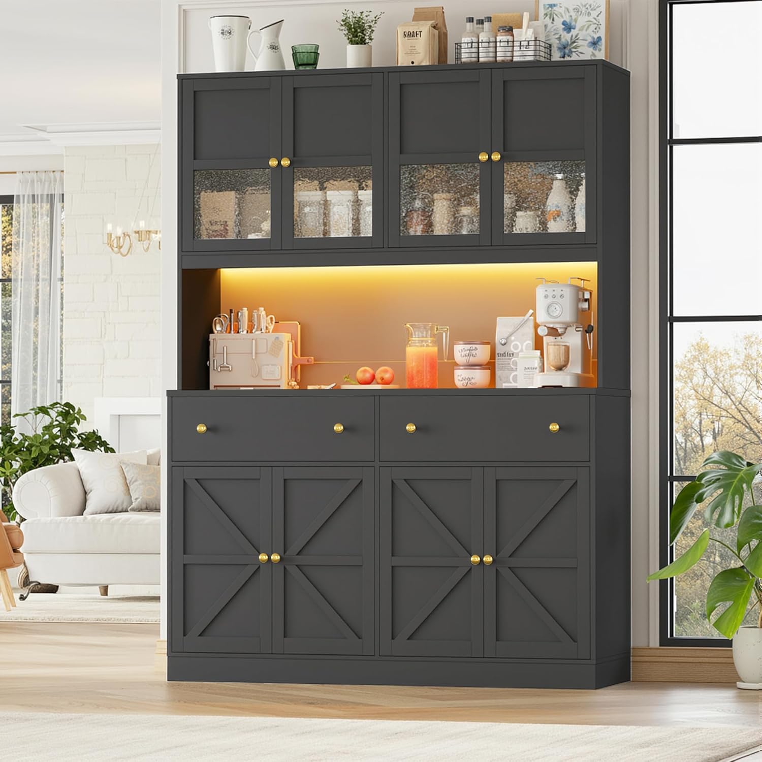71" Pantry Cabinet with LED Light and Charging Stat,