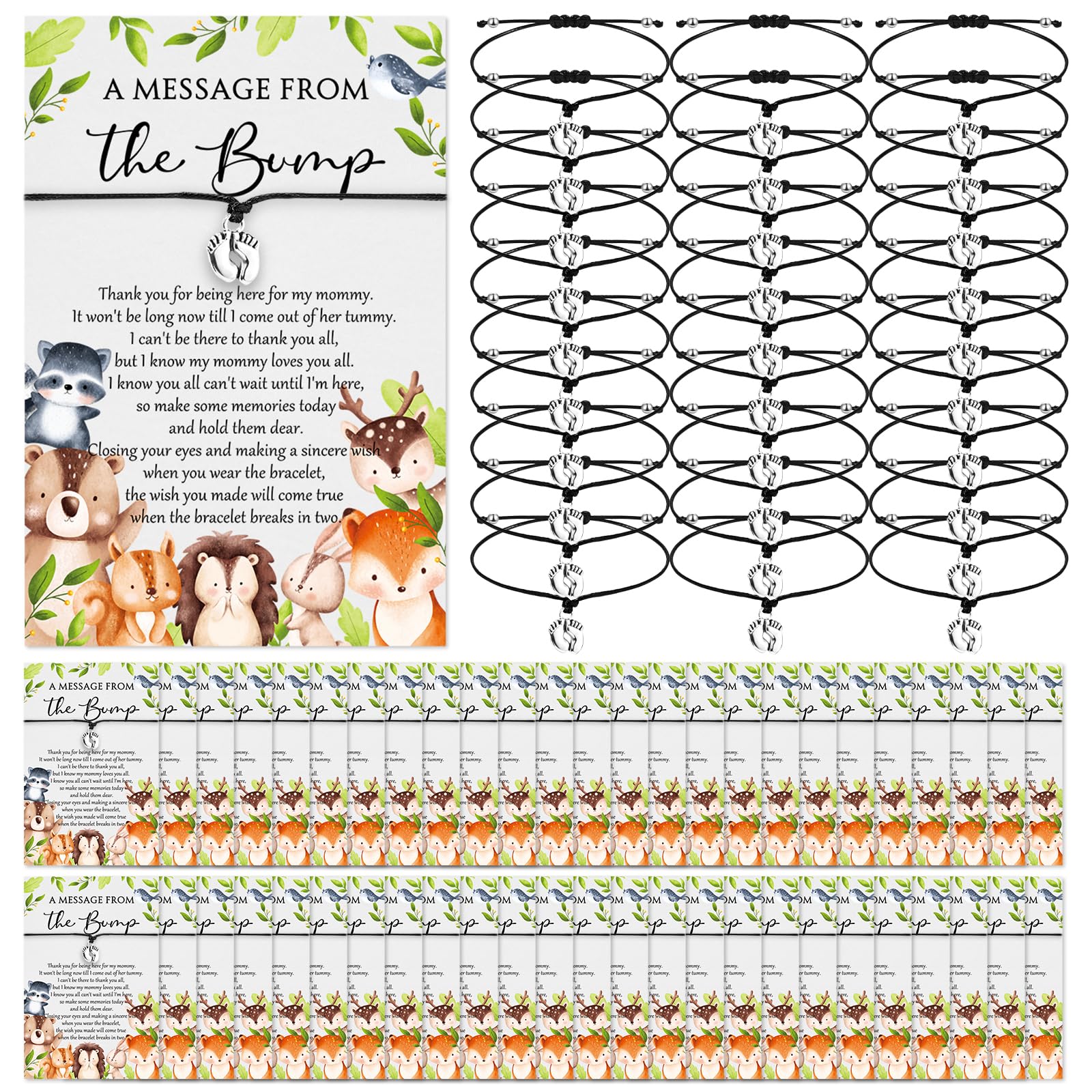 Thyle 50 Set Woodland Baby Shower Favors for Guests Adjustable Bracelets with Message from the Bump Card Footprints Charm Baby Shower Bracelets for