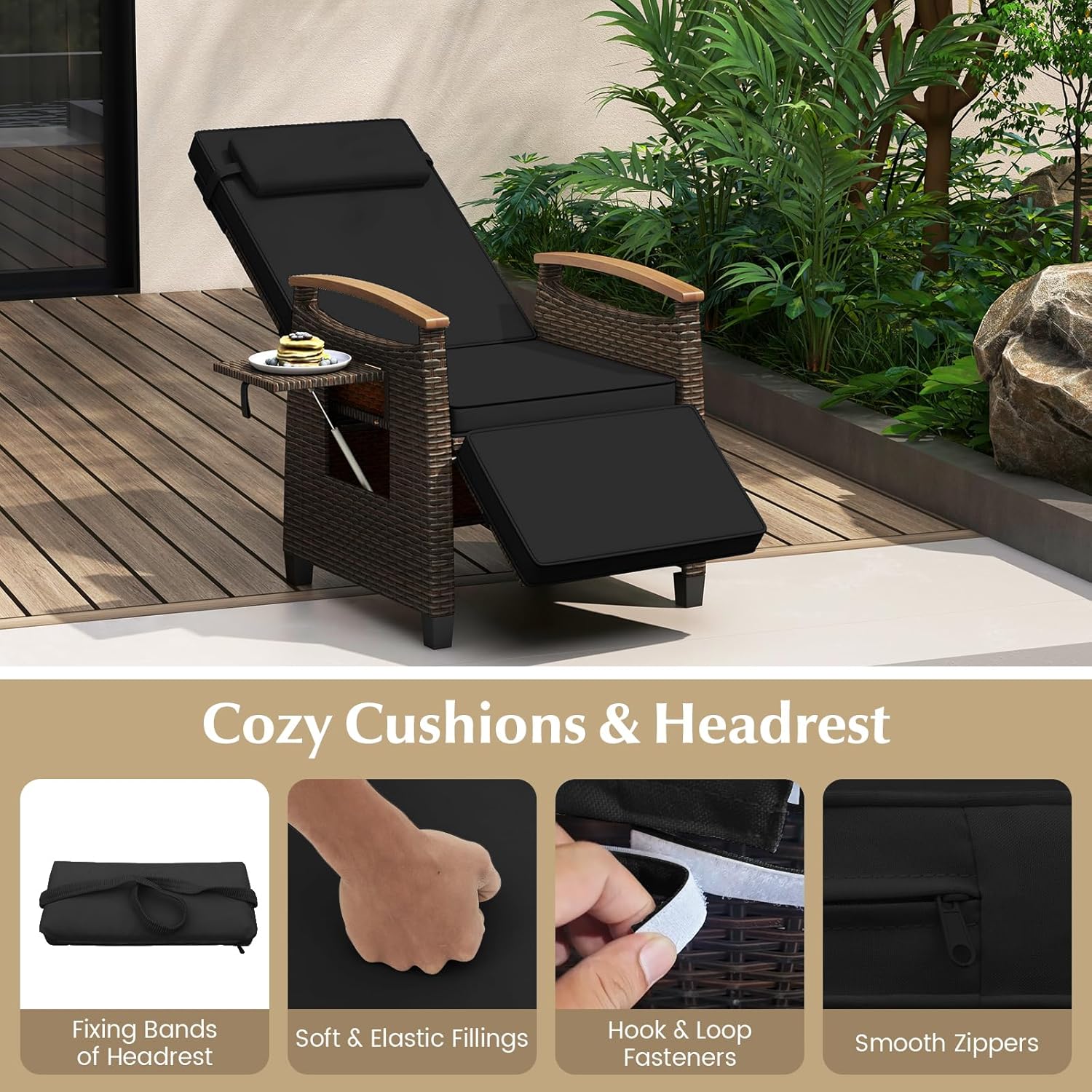 ORALNER Patio Reclining Wicker Chair, Outdoor Rattan Chaise Lounge Recliner with Adjustable Backrest & Footrest, Flip Side Table and Soft Cushions, for Backyard, Porch, Lawn, Poolside (1, Black)