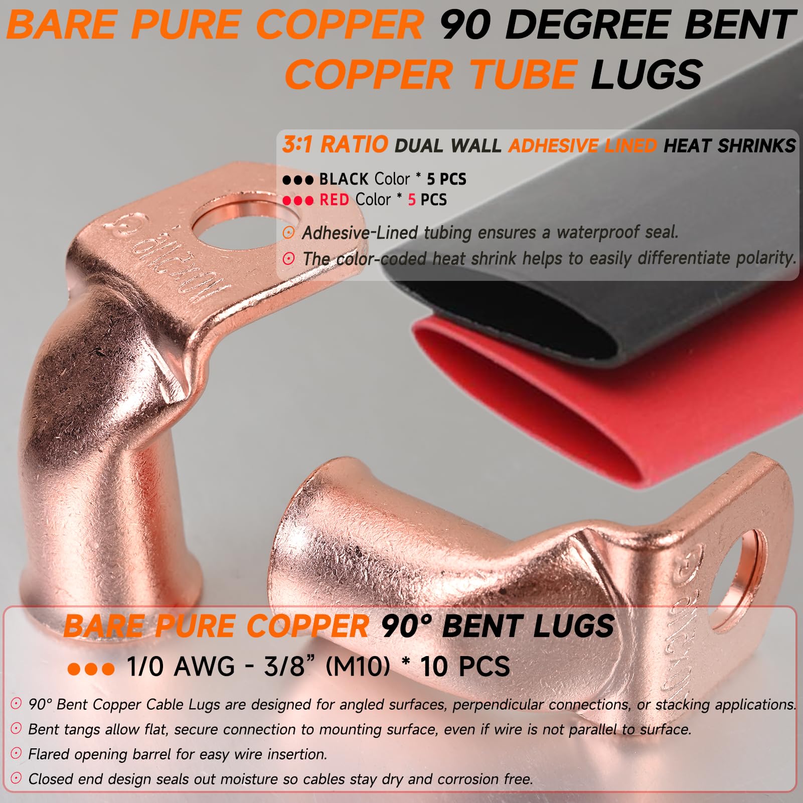 10 cosses de câble en cuivre pur à 90 °, 10 bornes de batterie pliées à 90 degrés, bornes à anneau robustes, bornes de calibre 0, extrémités de câble de batterie à 90 °, connecteurs