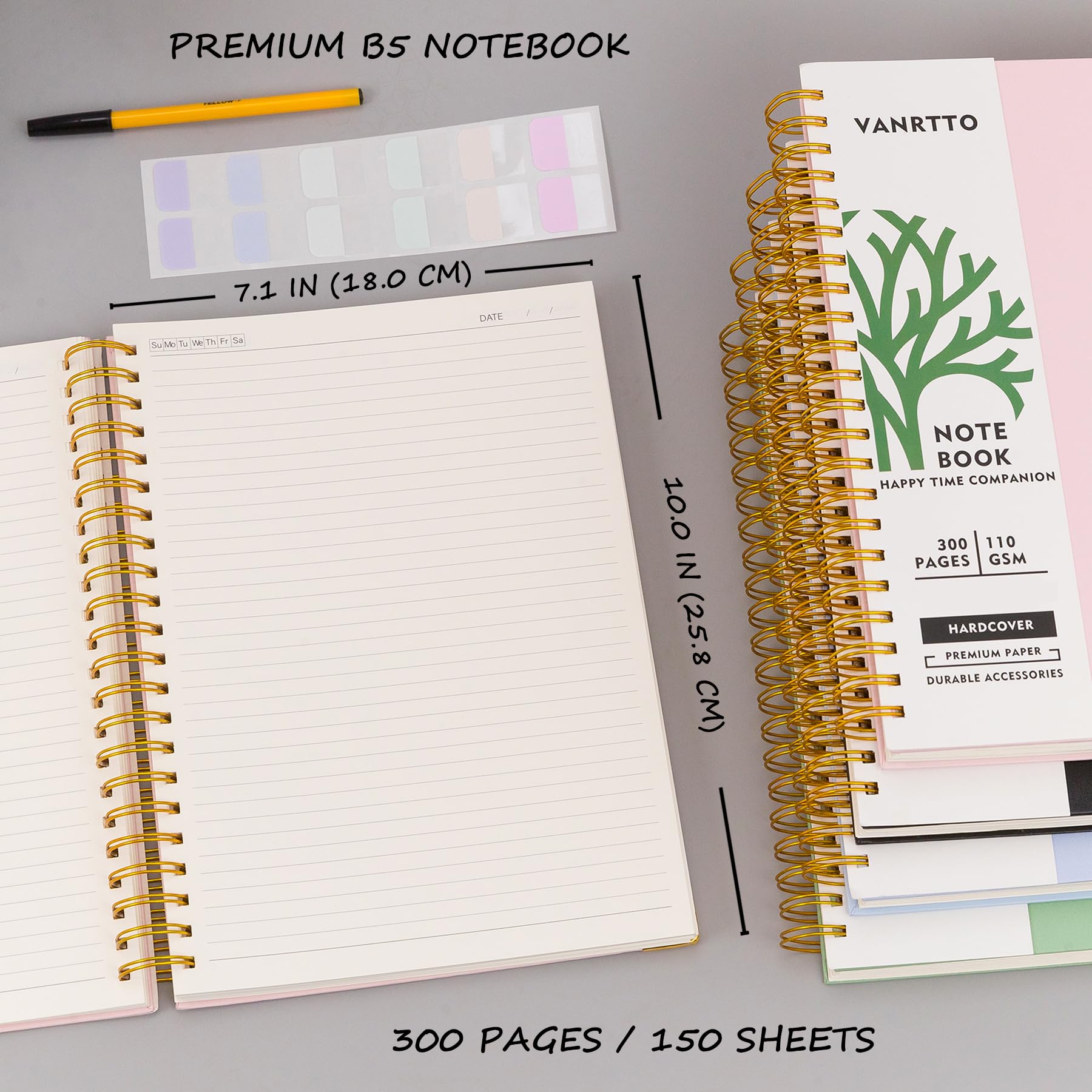 Cuaderno de espiral de tapa dura, cuadernos B5 con rayas universitarias, cuadernos de papel grueso de 110 g/m² para trabajo, escuela y viajes, diarios de 300 páginas para escribir, diario grande para