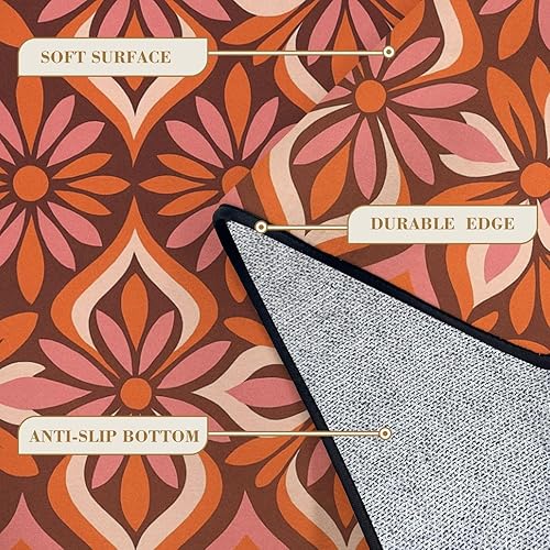 Miniatura 5 de Alfombras de baño de 32 x 48 pulgadas, color naranja, lavable, alfombra de entrada, alfombra retro de los años 70, estilo bohemio, naranja, marrón,