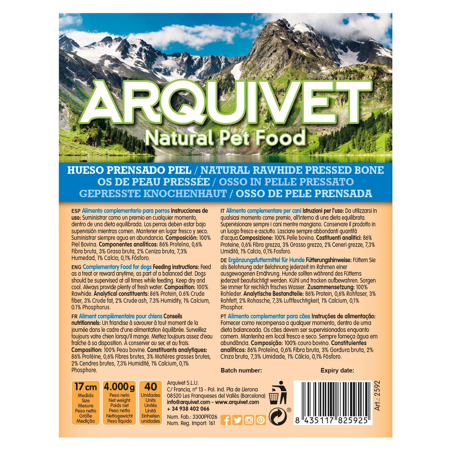 ARQUIVET Osso pressato in pelle bovina 100% naturale - 17 cm - Scatola piena 40 unità in termoretraibile - Snack naturali per cani