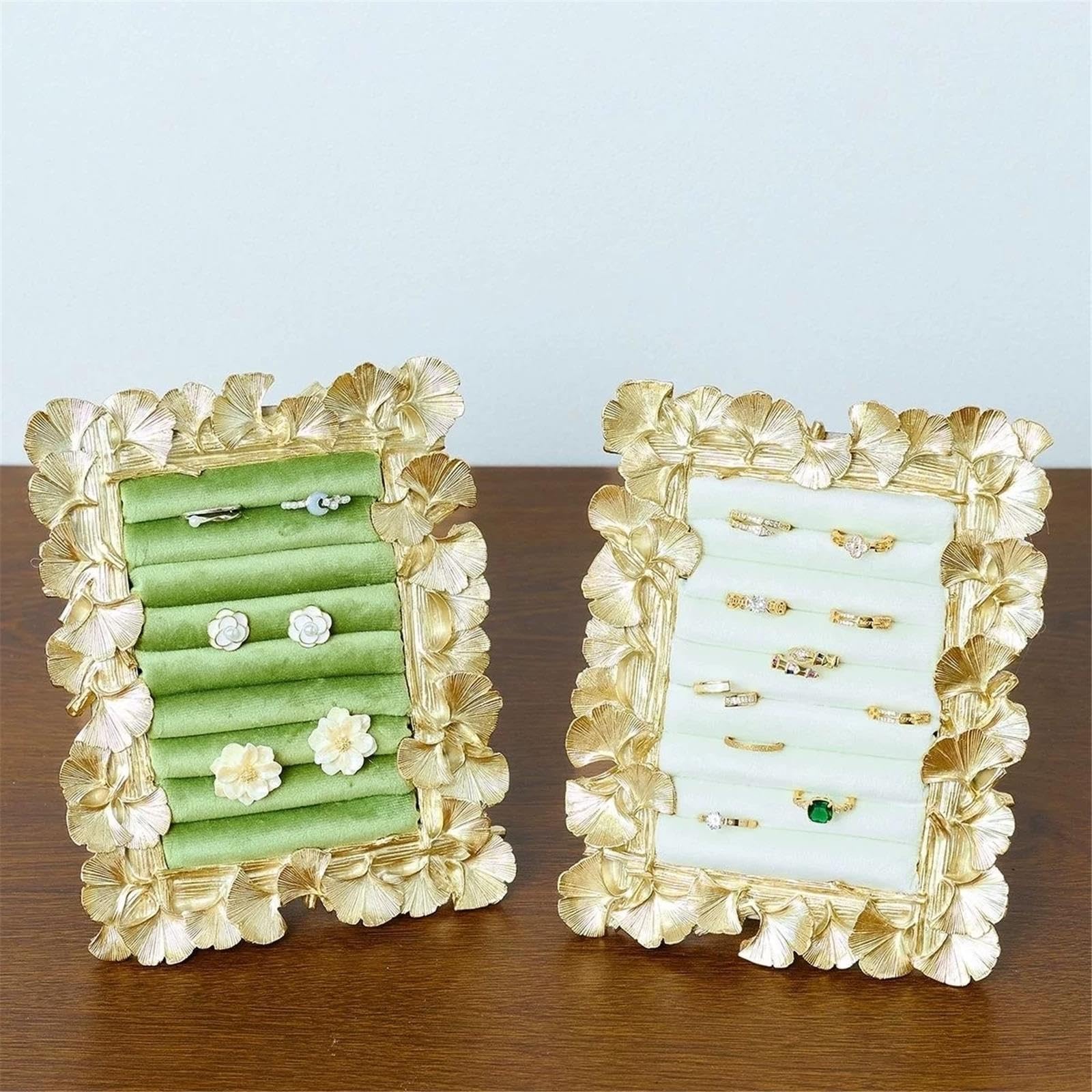 organizador de joyería Soporte de exhibición anillo terciopelo con decoración hojas Ginkgo(Blanco)