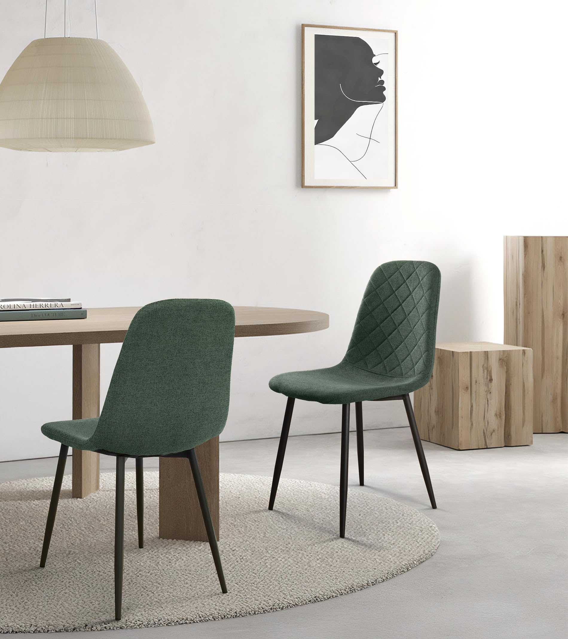 Home Heavenly®- Sillas Comedor salón SUIZ Pack de 4 sillas tapizadas de Estilo nordico en colór Verde Oscuro Patas metalicas colór Negro