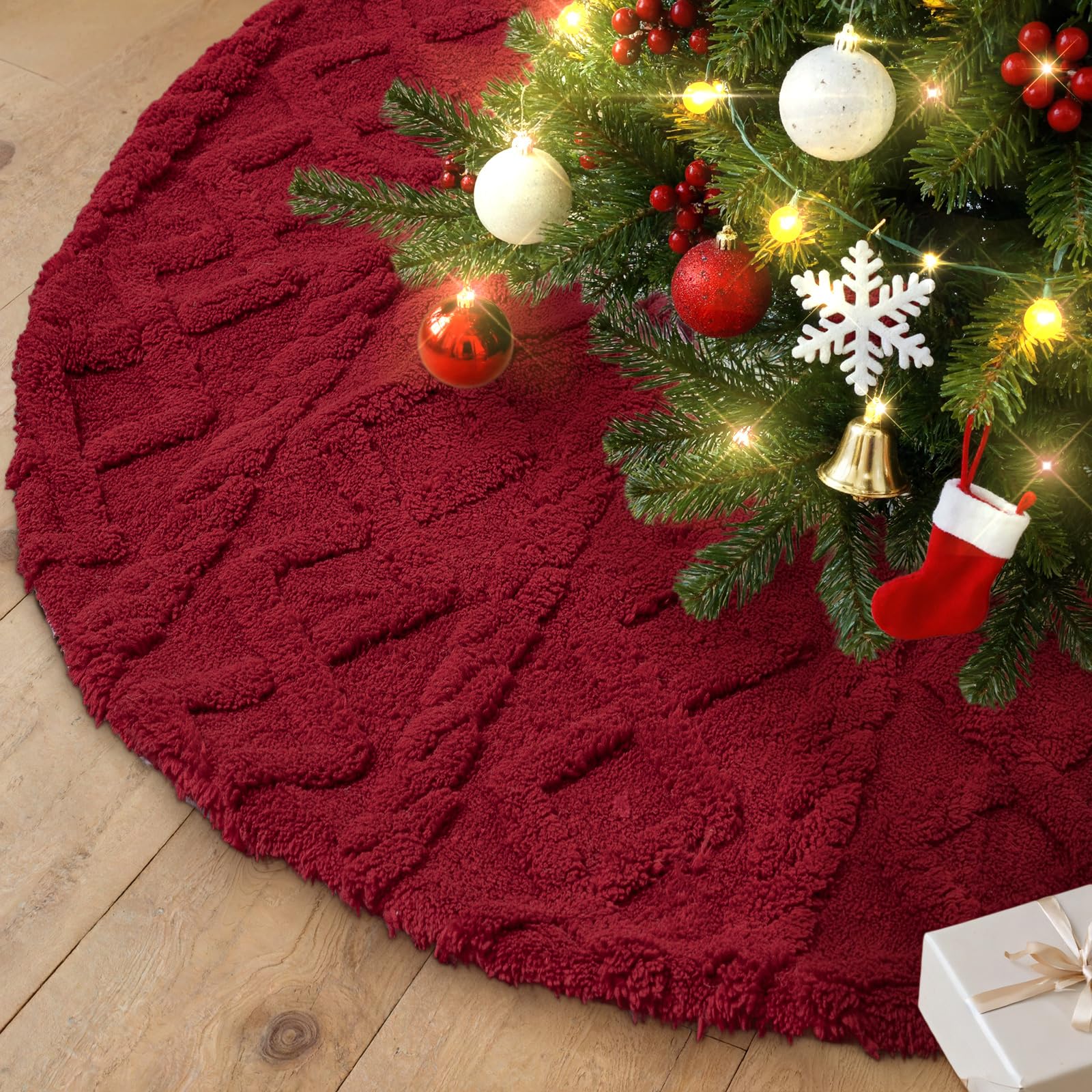 Lanpn Falda Cubre Pie para Arbol de Navidad de 40cm, Pequeño Lujo Piel Sintética Alfombra de árbol de Navidad Redondas, Cubiertas para Base Alfombra para Decoración Navideña de Interiores (Rojo)