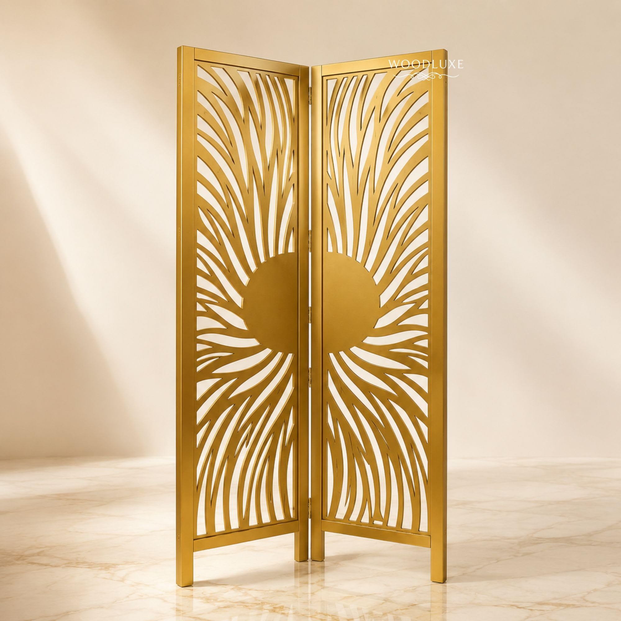 Handcrafted Wooden Room Divider, Foldable Privacy Screen with Solid Mango Wood Frame, Premium Laser Cut MDF Panels Decorative Partition for Living Room Bedroom Office, Golden Sunburst-image-30