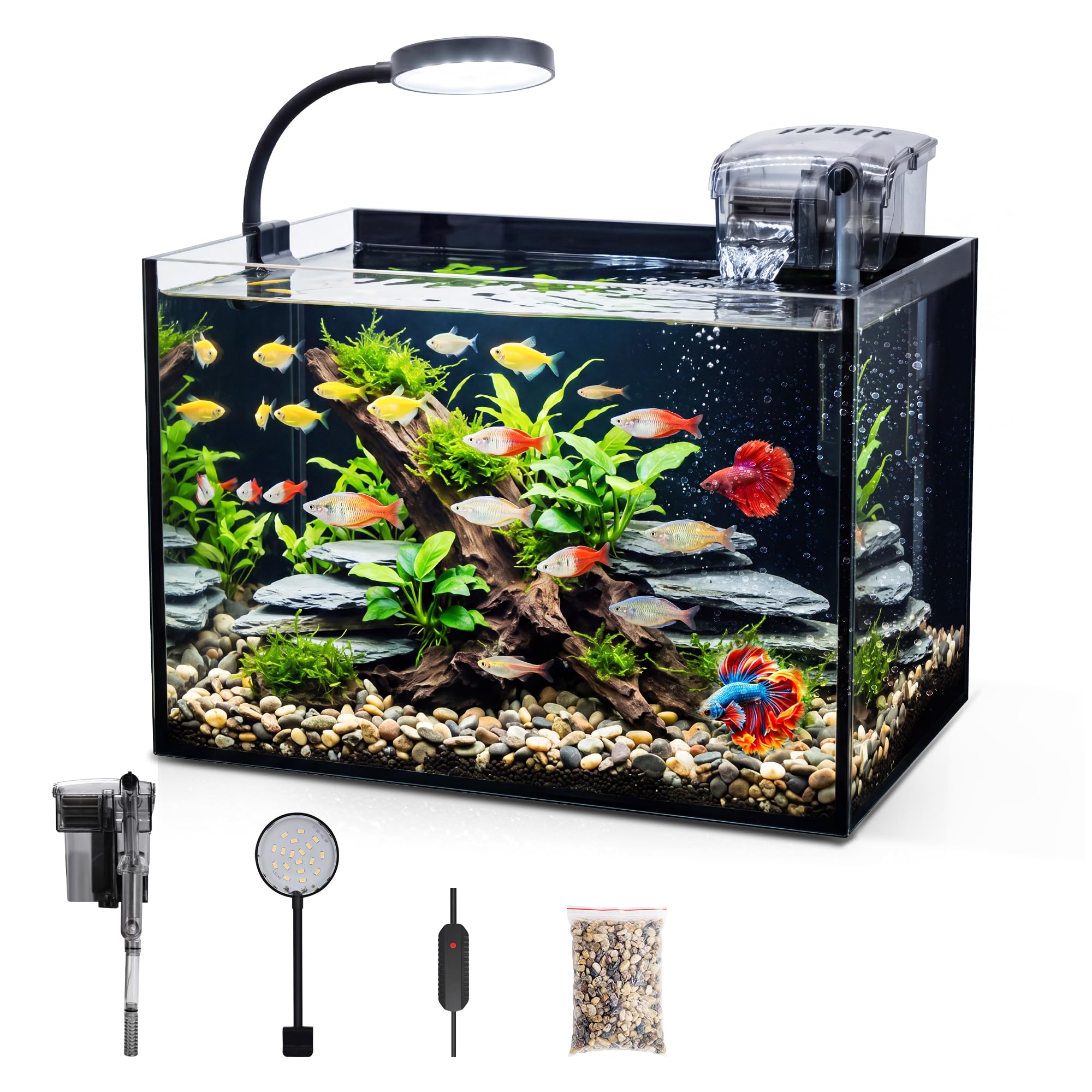 Smart Fish Tank Aquarium Kit: pecera de escritorio ultra transparente de 2.8 galones con luz LED y filtro, incluye piedra de paisaje, juego completo para peces pequeños, camarones o betta, negro