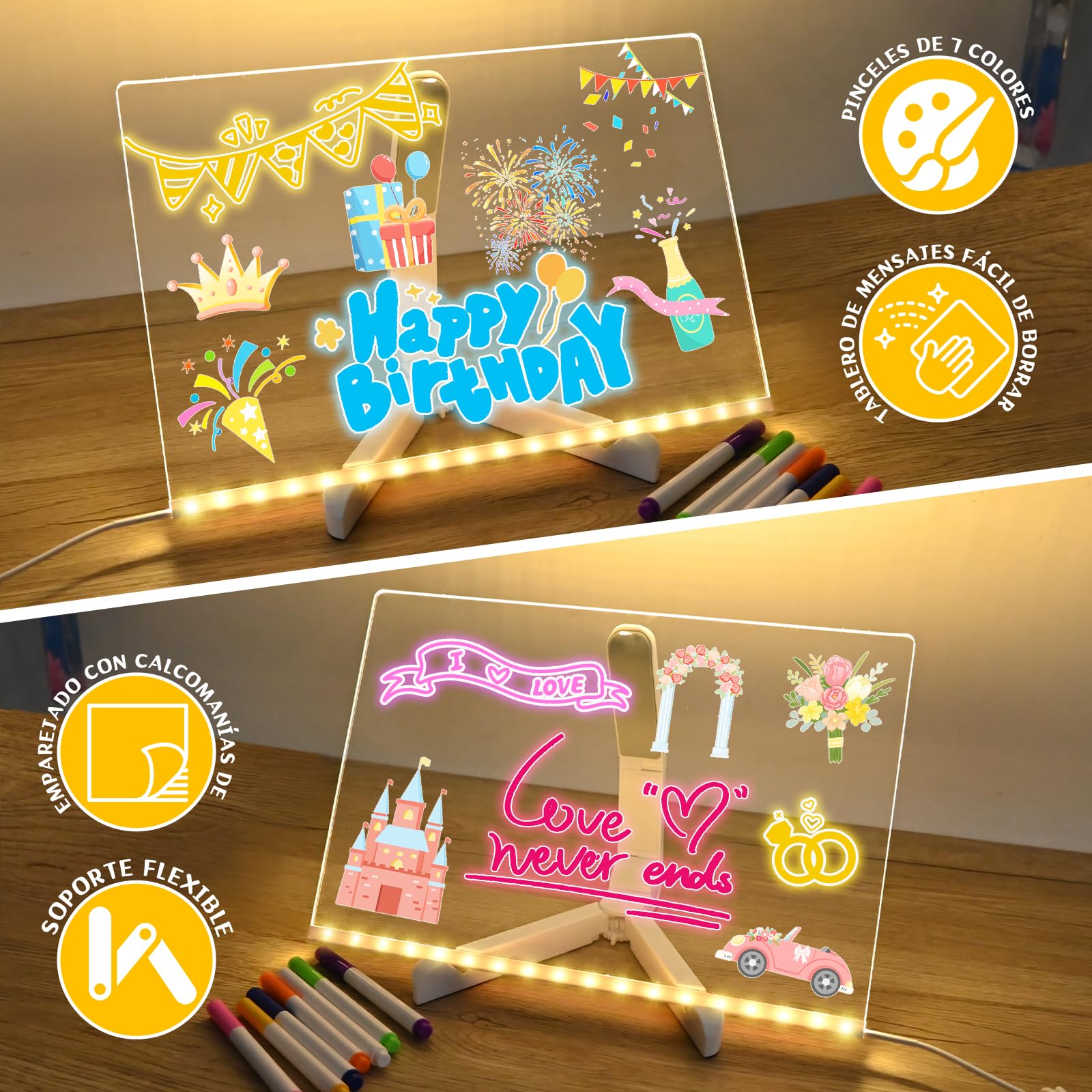Joellfuner Tablero Acrílico Luminoso con Mensaje LED, Tablero de Mensajes LED, Tablero de Notas LED Limpiable, Luz Nocturna, con Pegatinas de Transferencia, 7 Colores Bolígrafo, para Niños, Adultos