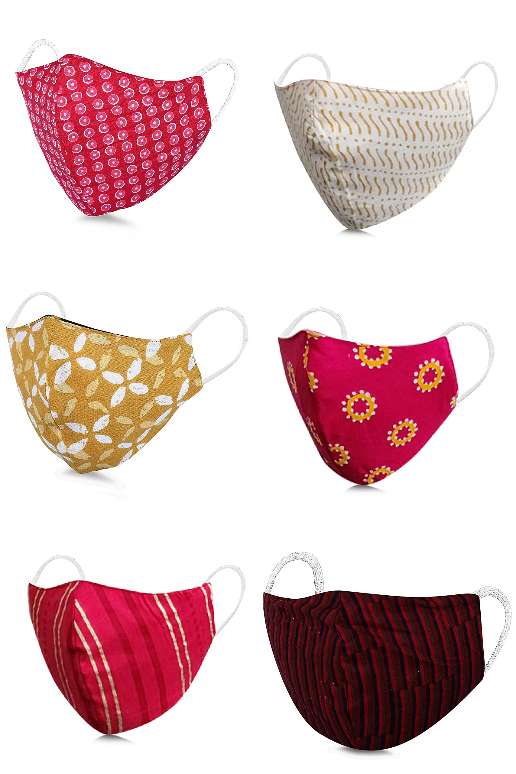 DFR Reversible Printed Plus Solid Color Cotton Face Masks for Women Men (Color - Red, Burgundy, Mustard, Cream, Maroon And Pink) Rajasthani Sanganeri Print With Soft Elastic, Washable Reusable (Pack of 6)
