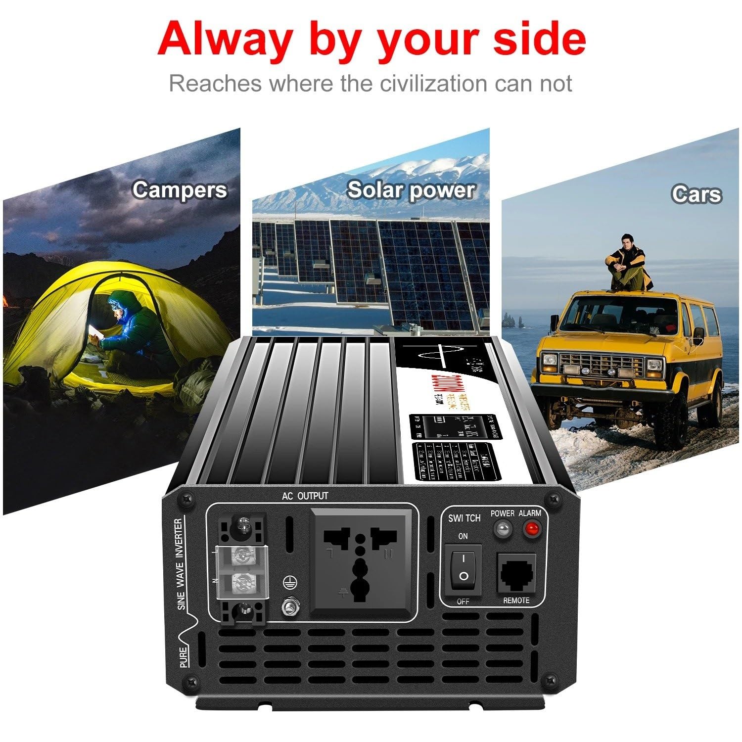 Convertidor Coche Inversor 2000W 12V 220V 24V 48V 110V Inversor Solar De Onda Sinusoidal Pura Transformador Voltaje Portátil Convertidor Potencia para Coche(24V,110-120V,Universal)