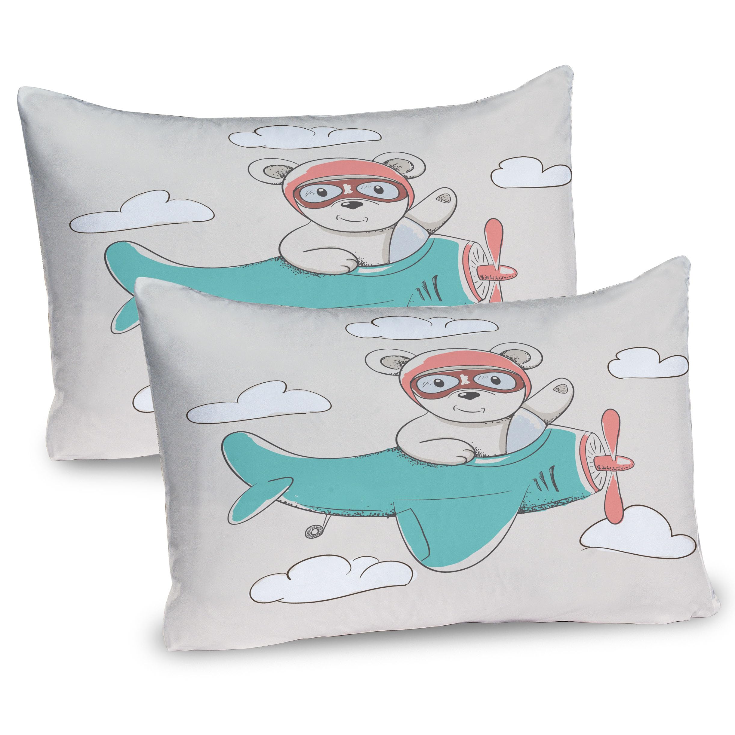 Ambesonne Adventure Cartoon Pillow Sham Set of 2, Bear Flying in The Sky Among The Clouds on Biplane, Quality Microfiber Bedding Item for All Seasons, 26