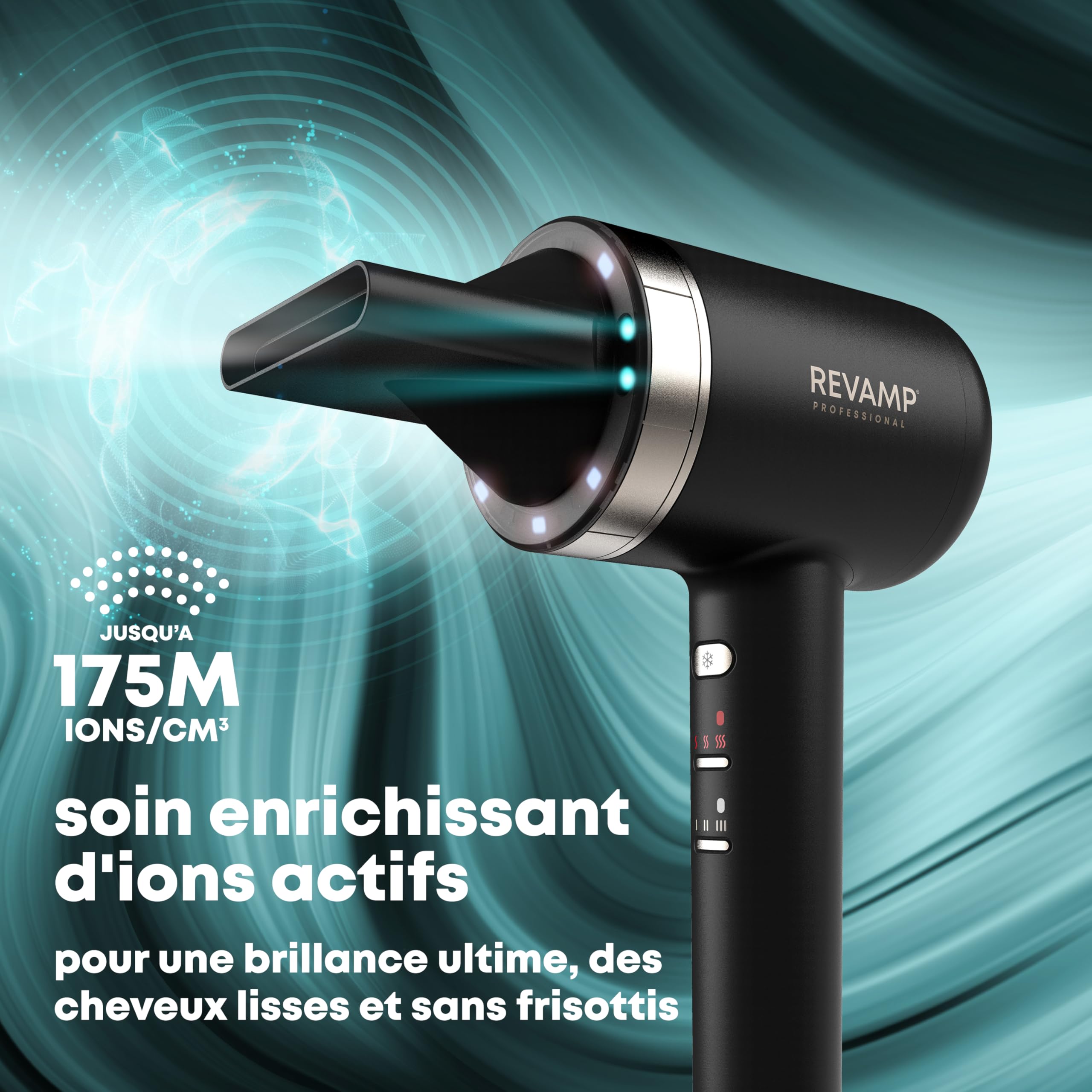 REVAMP Seche Cheveux Professionnel Tri-Care – Seche Cheveux Infrarouge, Ions & Lumière Rouge/Bleue, 3 Embouts Magnétiques – Séchage Ultra-Rapide, Silencieux, Brillance avec Huiles Progloss