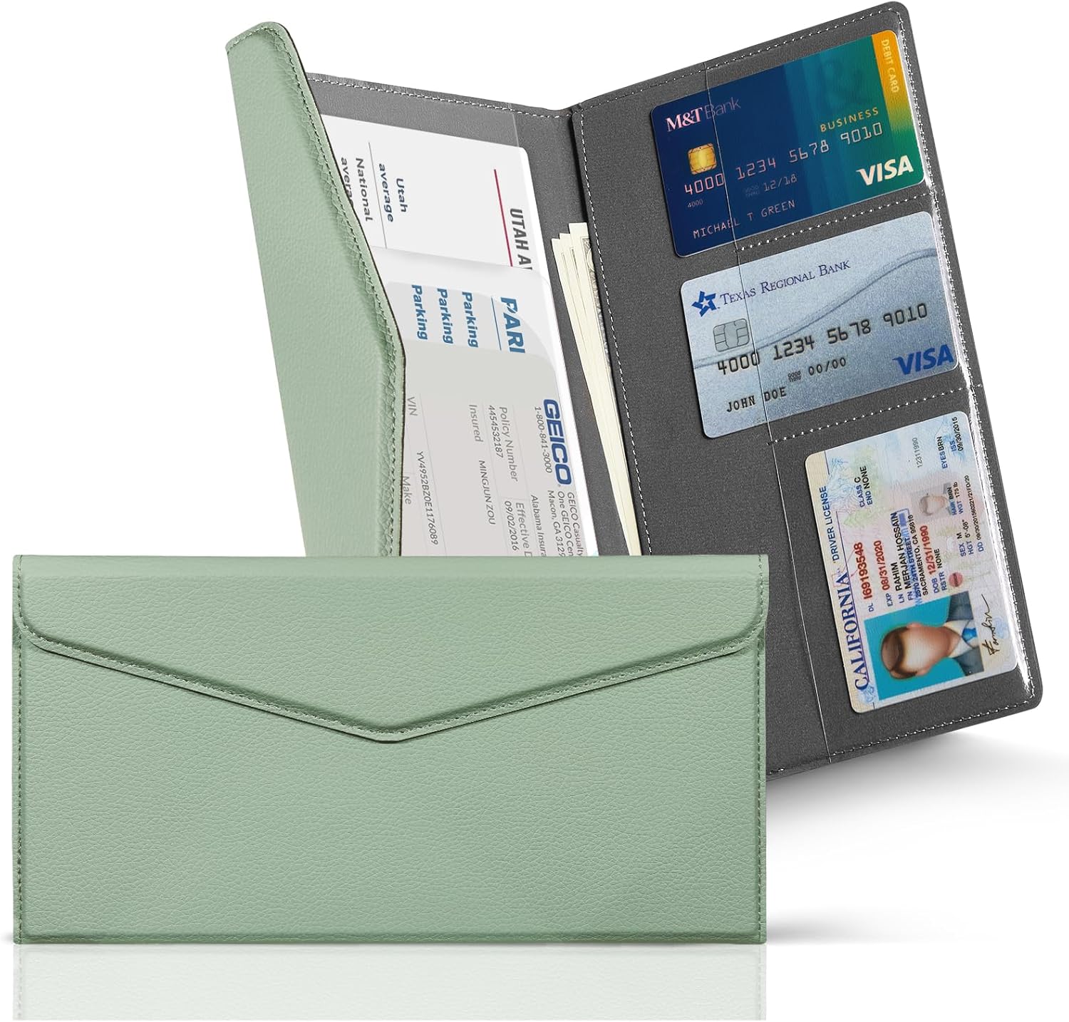 CoBak Leather Car Registration and Insurance Holder with Magnetic Compartment - Vehicle Glove Box Organizer for Driver License, Cards, Emergency Cash - Auto Truck Accessories Case, Sage Green