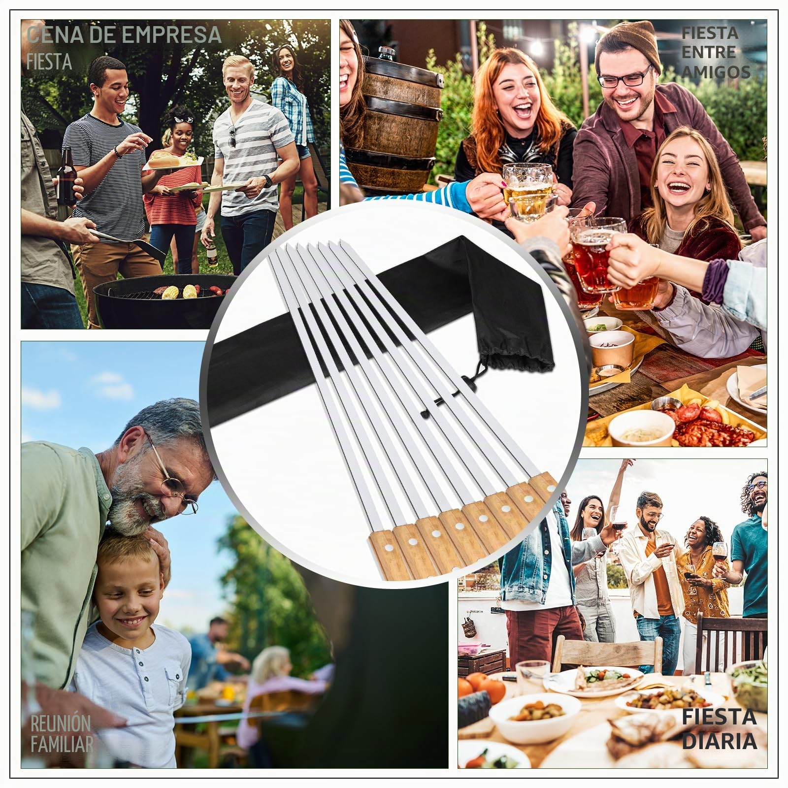 8 Piezas Brochetas Barbacoa Planas de Acero Inoxidable 55 cm Brochetas Extralargas con Mango de Madera Brochetas de Barbacoa Reutilizables Pinchos de Metal