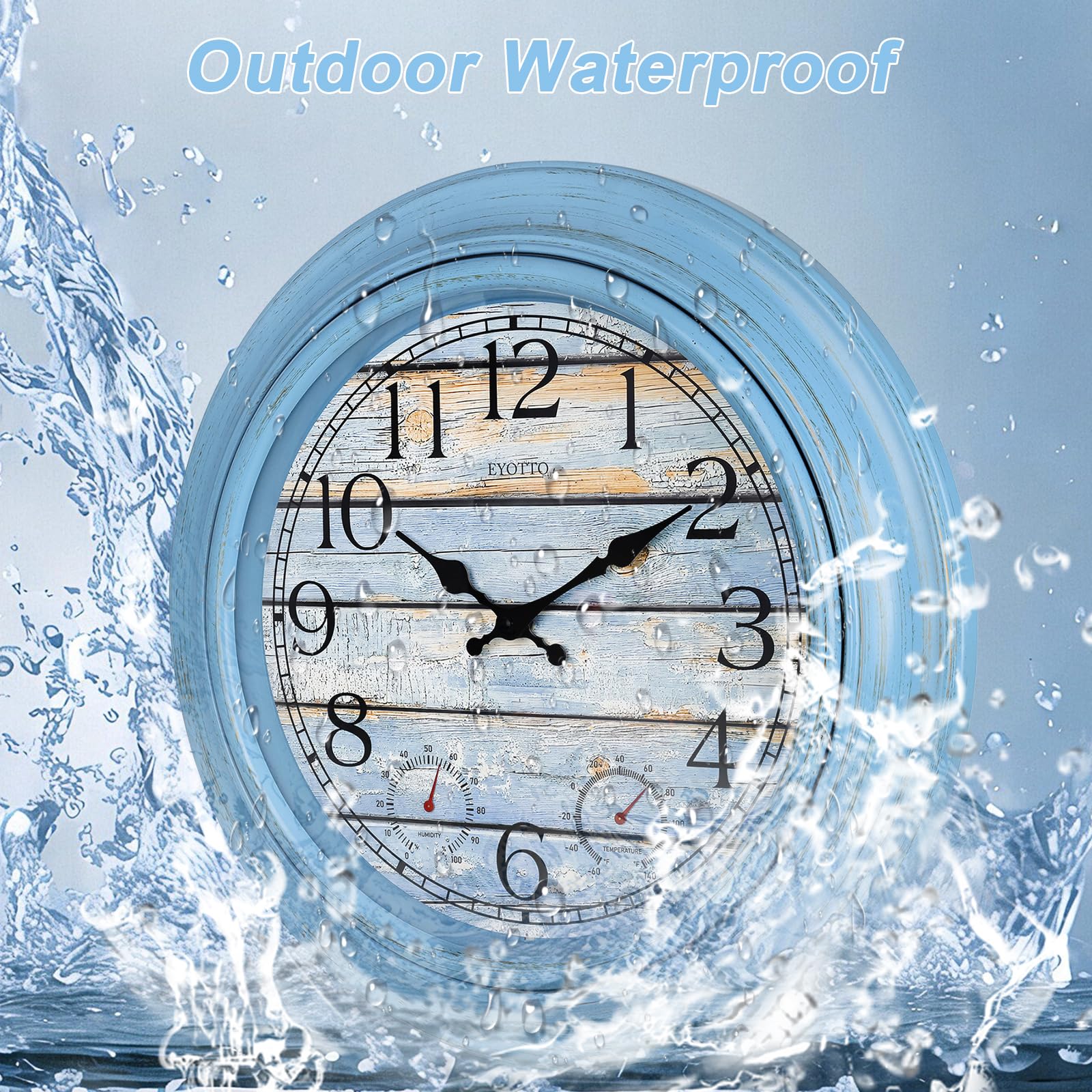 eYotto Grande horloge murale étanche de 46 cm avec thermomètre/hygromètre pour intérieur/extérieur, à piles et silencieuse, pour terrasse, piscine, jardin, salle de bain, maison de plage, bleu