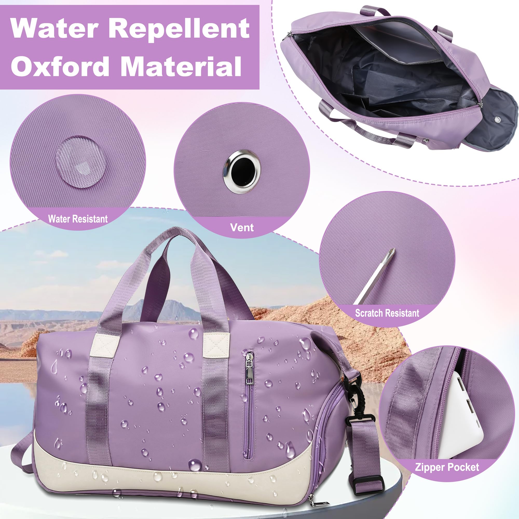 Borsone Palestra 40L Borsa da Viaggio Pieghevole Donna con Scomparto per Scarpe e Bagnato Impermeabili, Grande Borsa Sportiva Weekend Impermeabile Tote Travel Bag Per Piscina Sport Gym, Viola