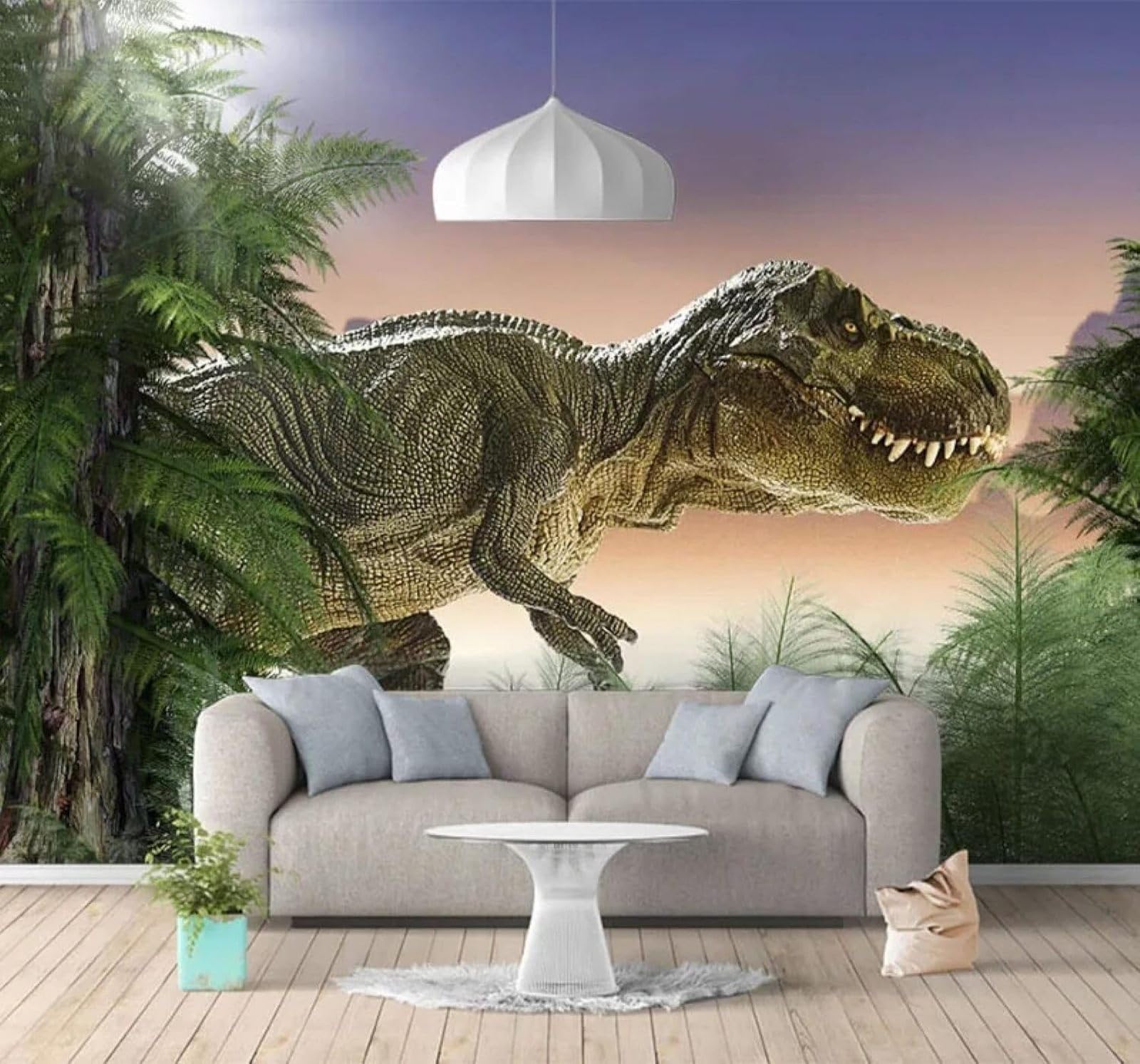 Xlming 350Cm×256Cm(B×H) Creative Three Dimensional Cartoon Dinosaur Green Leaves 3D Wallpaper Luxury Silk Study Dining Feature Sofa Grey Bedroom Living Room Tv Decorative Wall-350Cm×256Cm