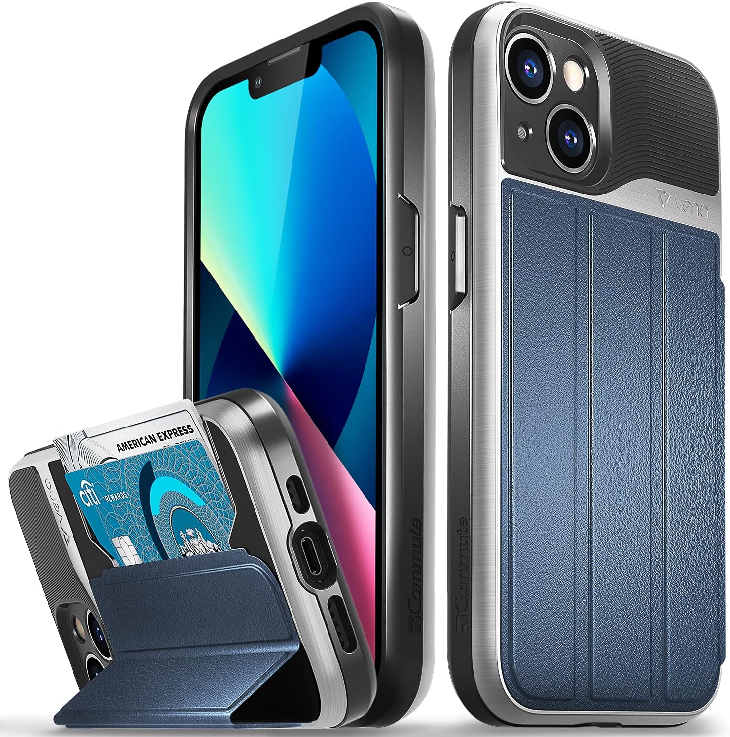 VENA Wallet Case Compatible with Apple iPhone 13 (6.1inch), vCommute (Military Grade Drop Protection) Flip Leather Cover Card Slot Holder with Kickstand (Blue)