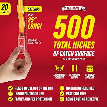 Catchmaster Fly Ribbon 20 Pack, Fly Strips Indoor Sticky Hanging Fly Tape
