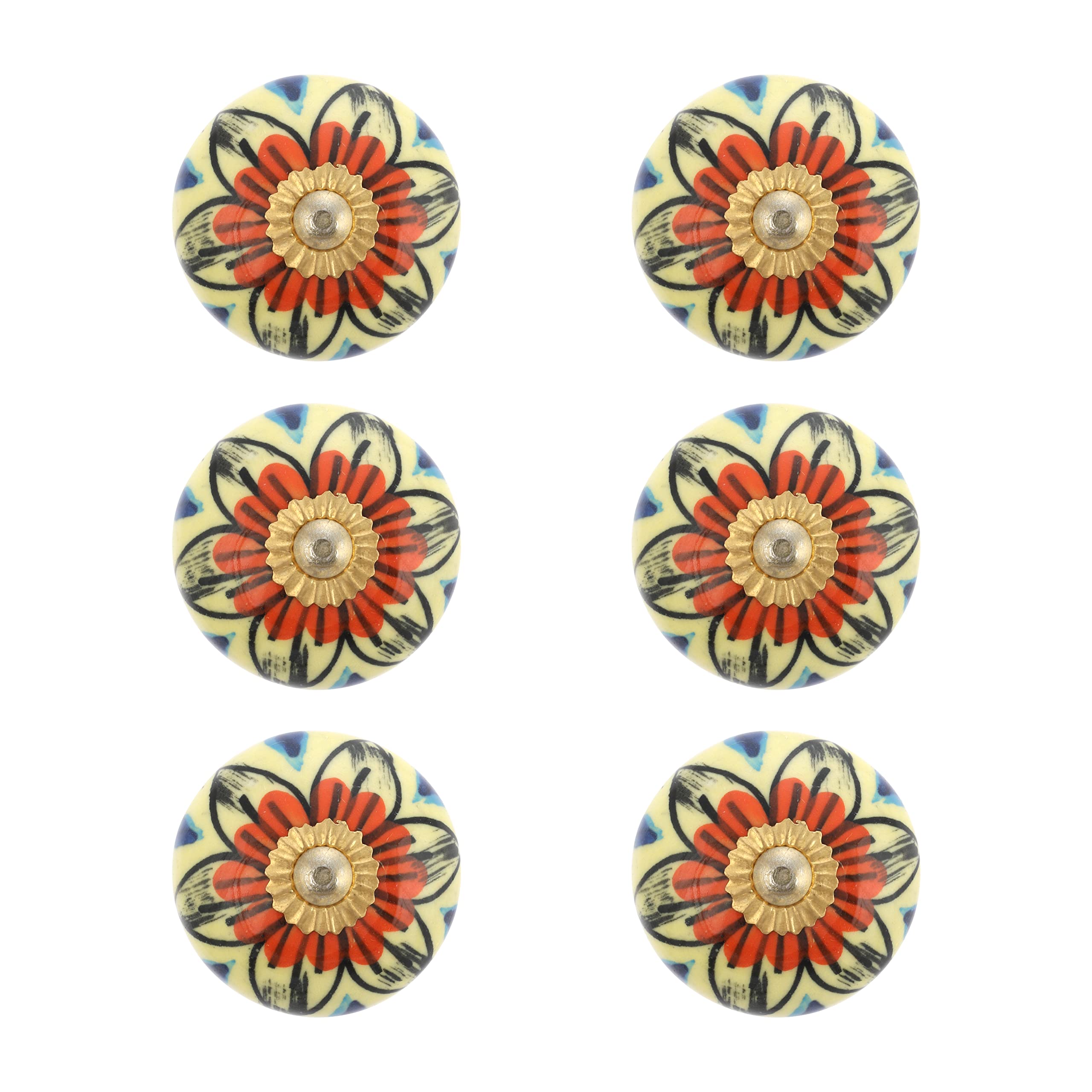 Rasiya Art Drawer Knobs for Drawer Cabinet Dresser Furniture - Indian Handmade Ceramic Dresser Pull Handle Kitchen Cupboard Wardrobe Drawer Pulls Boho Furniture Hardware - Yellow Rangoli - Pack of 4 - Image 2