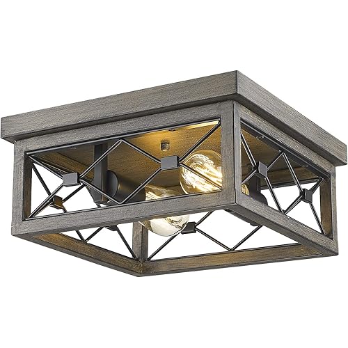 Osimir Flush Mount Lighting Fixture, 12inch 2-Light Square Ceiling Light Fixtures, Black & Wood Grain Texture Finish, RE9179-2A