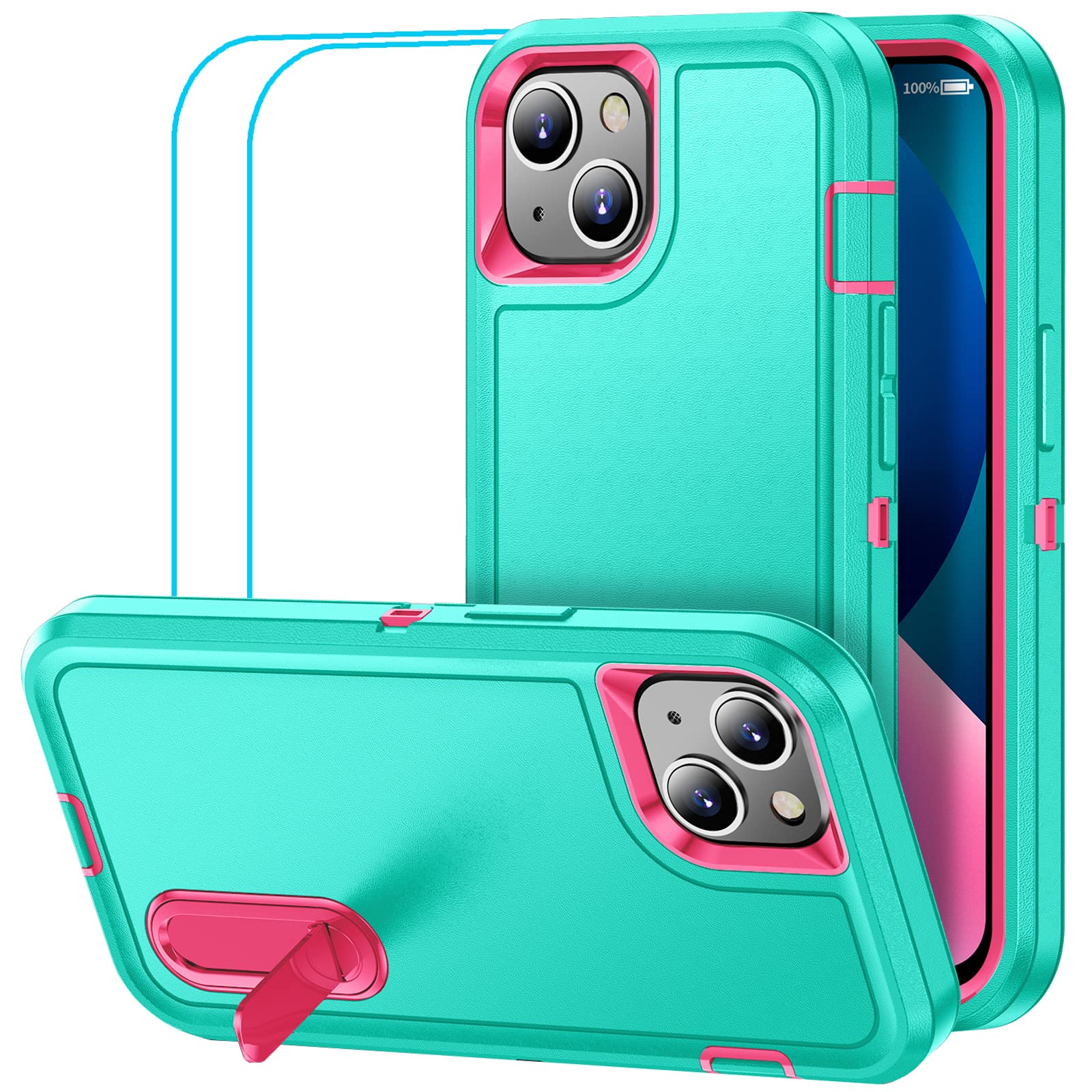 for iPhone 13 Case Kickstand Case 3-Layer Military Grade Protective Case Cover Silicone Heavy Duty Rugged Shockproof for iPhone 13 Phone Case (Cyan+Rose Red)