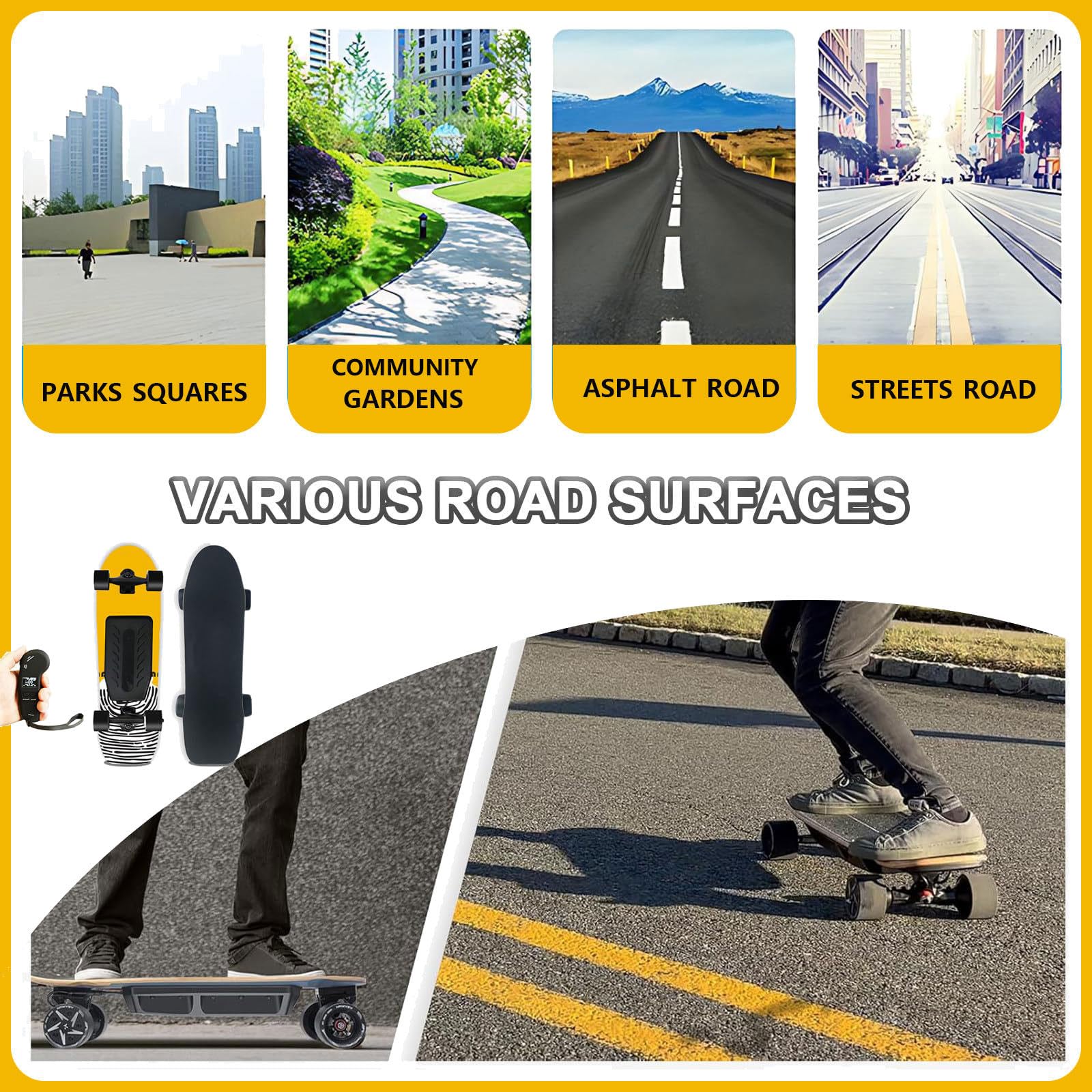 Skateboard elettrico con telecomando, longboard da 800 W, velocità di 26 mph, portata 300 kg, ideale per adolescenti e adulti, impugnatura sicura in carta vetrata