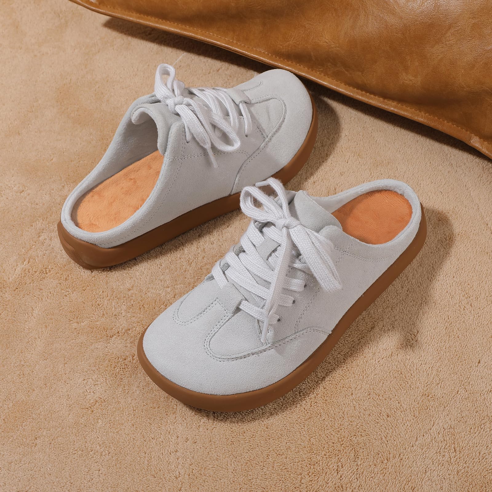 UBFEN Damen Hausschuhe Warme Mules Slippers Weiche Flache Plüsch Slip on Spitze auf Pantoffeln Rutschfeste Outdoor Indoor