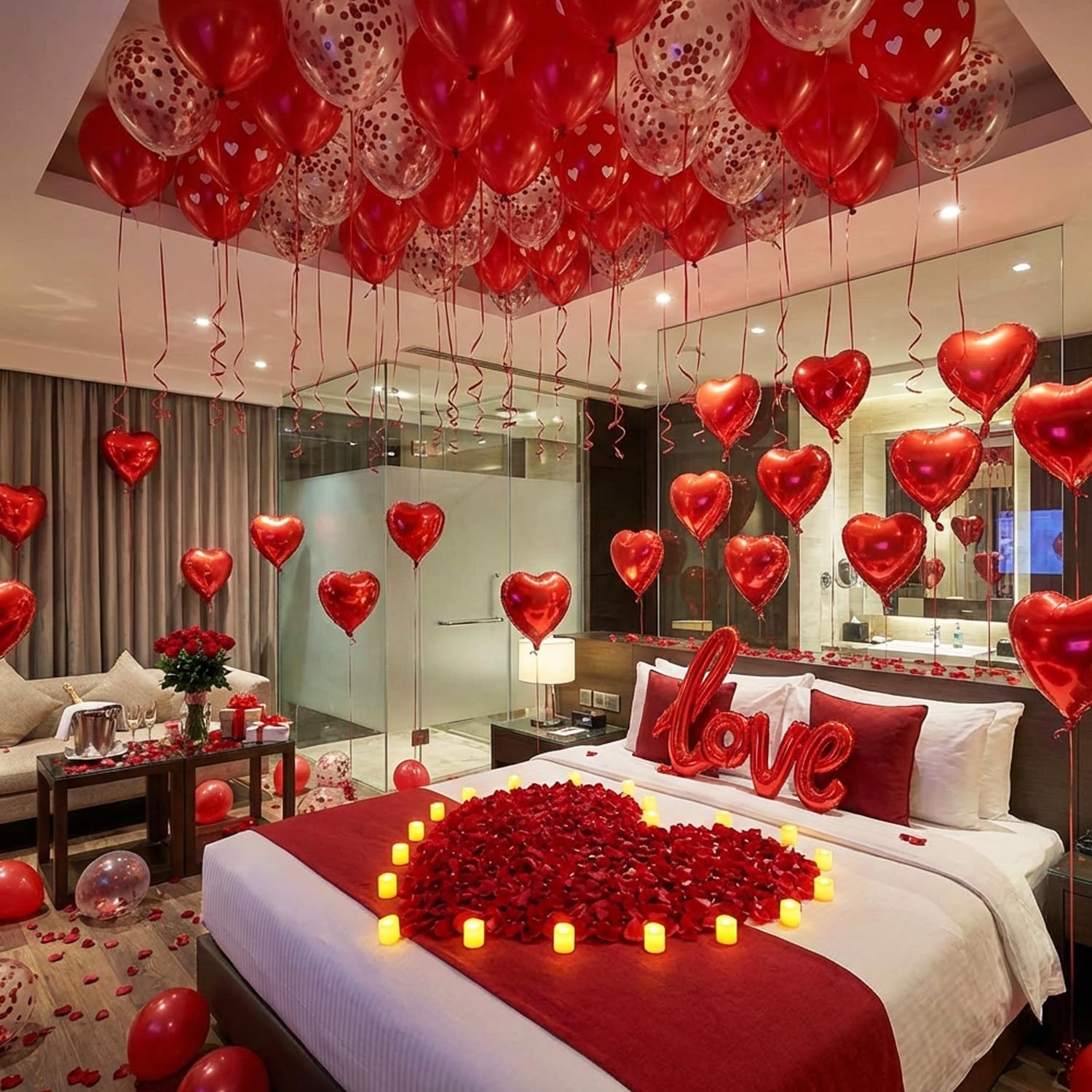 Decoraciones rojas para el día de San Valentín con velas LED de té