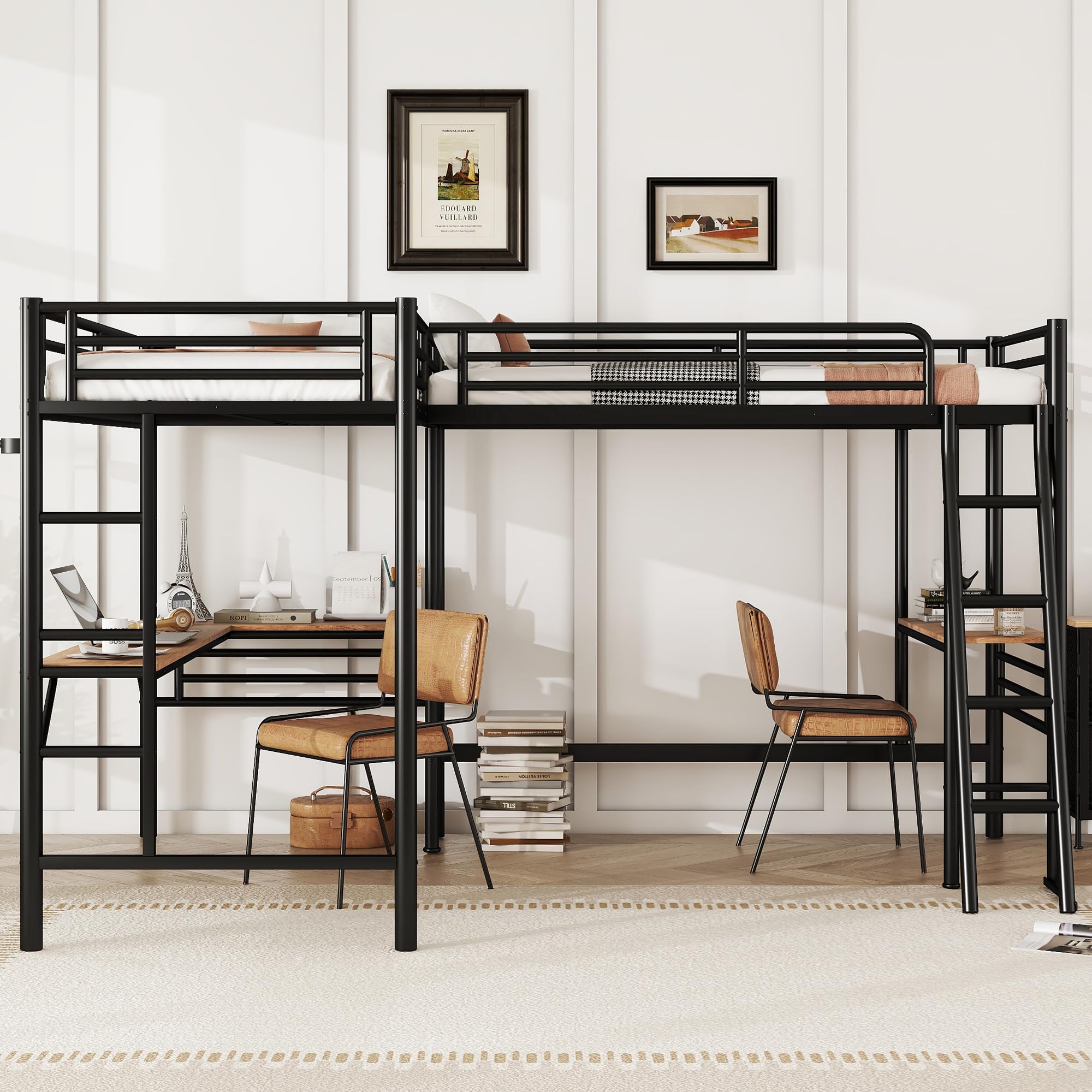 L-Shape Loft Beds with Two Desk Metal Double Twin Size Loft Beds Frame Heavy-Duty Black Corner Twin Bed for 2 Kids Girls Boys Teens