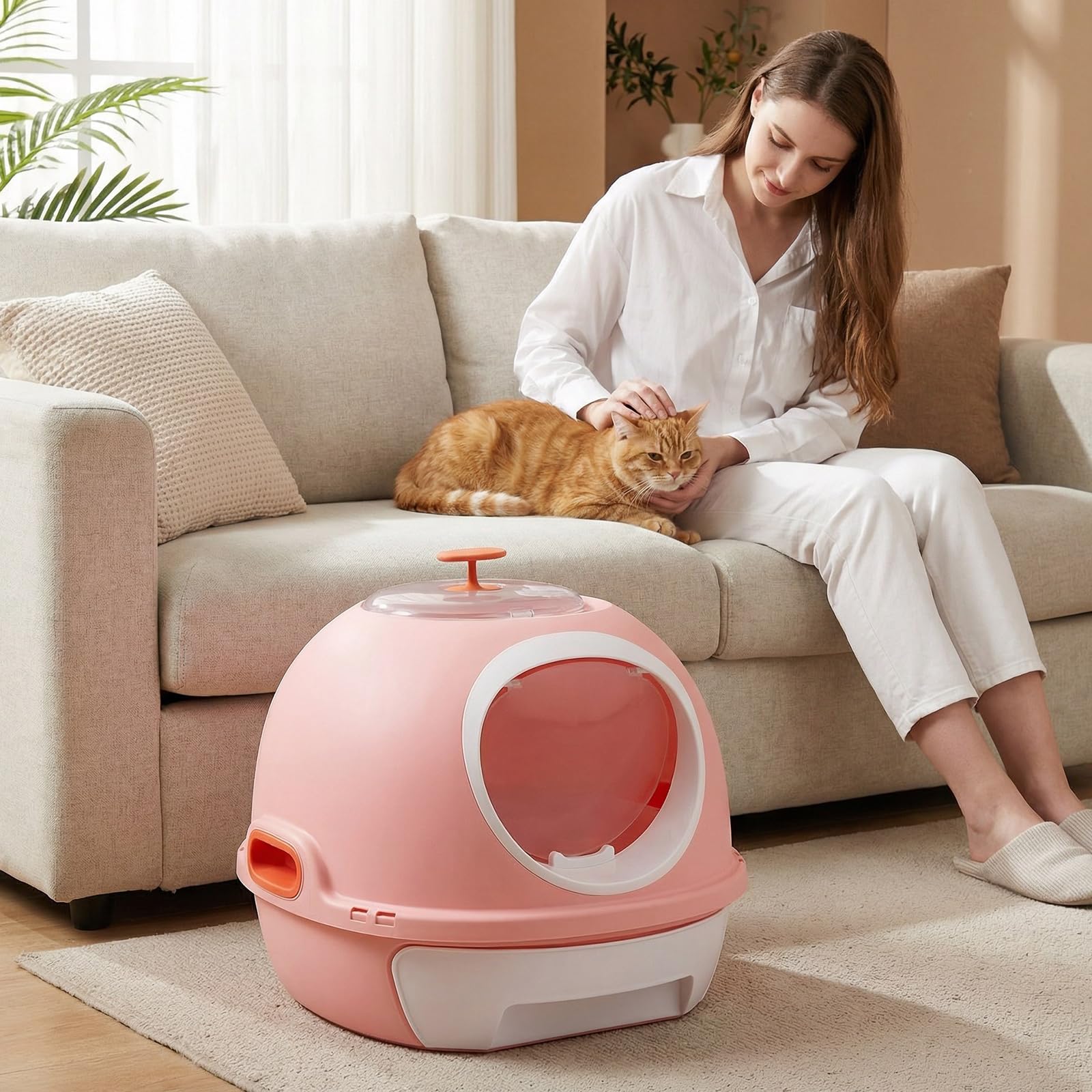 COSTWAY Arenero para Gatos Cubierto, Estilo Helicóptero, Caja de Arena Plegable para Gato con Entrada Frontal y Salida Superior, Pala, Bandeja Portátil para Gatos Grandes, 54 x 46 x 39 cm (Rosa)