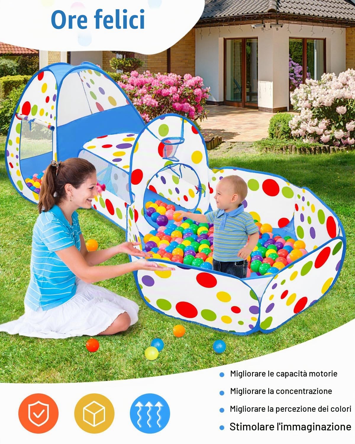MAIKEHIGH Tenda Gioco Bambini Con Tunnel, 3 in 1 Pop Up Piscina Palline | Casetta Castello Pieghevole Interno Esterno Giardino Ragazzi Ragazze Regalo di Compleanno (Palla No Incluida)
