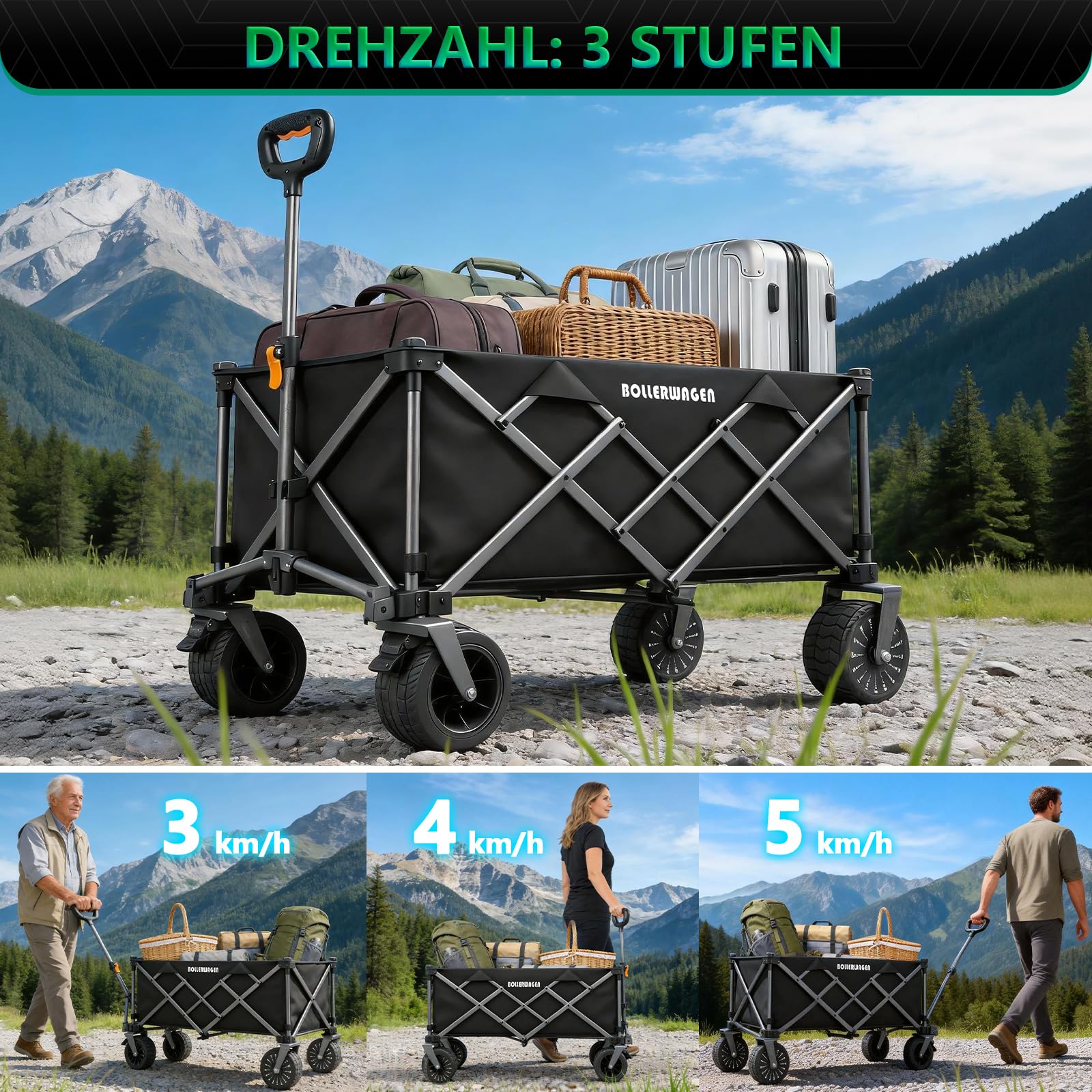 Chariot électrique Pliable, Chariot de Plage avec Moteur sans balais | Conception entièrement Pliable | 280L à 80KG | 3 Vitesses | Chariot de Jardin avec Plateau de Table pour Jardin (Noir)