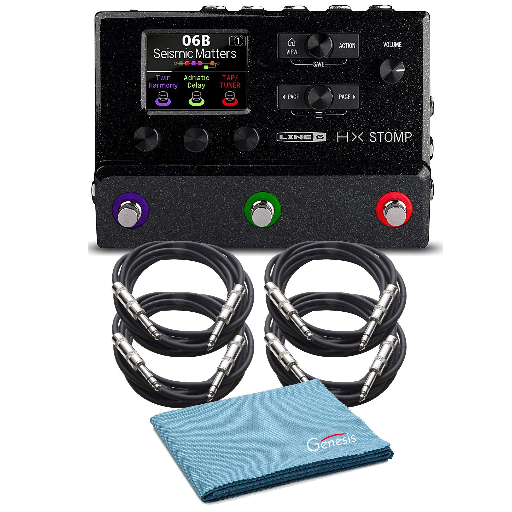 Line 6 HX Stomp Multi-Effects Black Guitar Pedal Bundle with 4 10’ Instrument Cables & Genesis Tech 