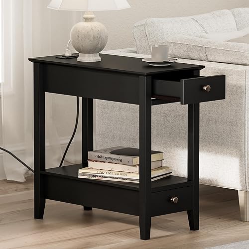 Miniatura 2 de Treocho Mesas auxiliares para sala de estar, juego de 2, mesa auxiliar estrecha con estación de carga, mesa negra para espacios pequeños, sala de