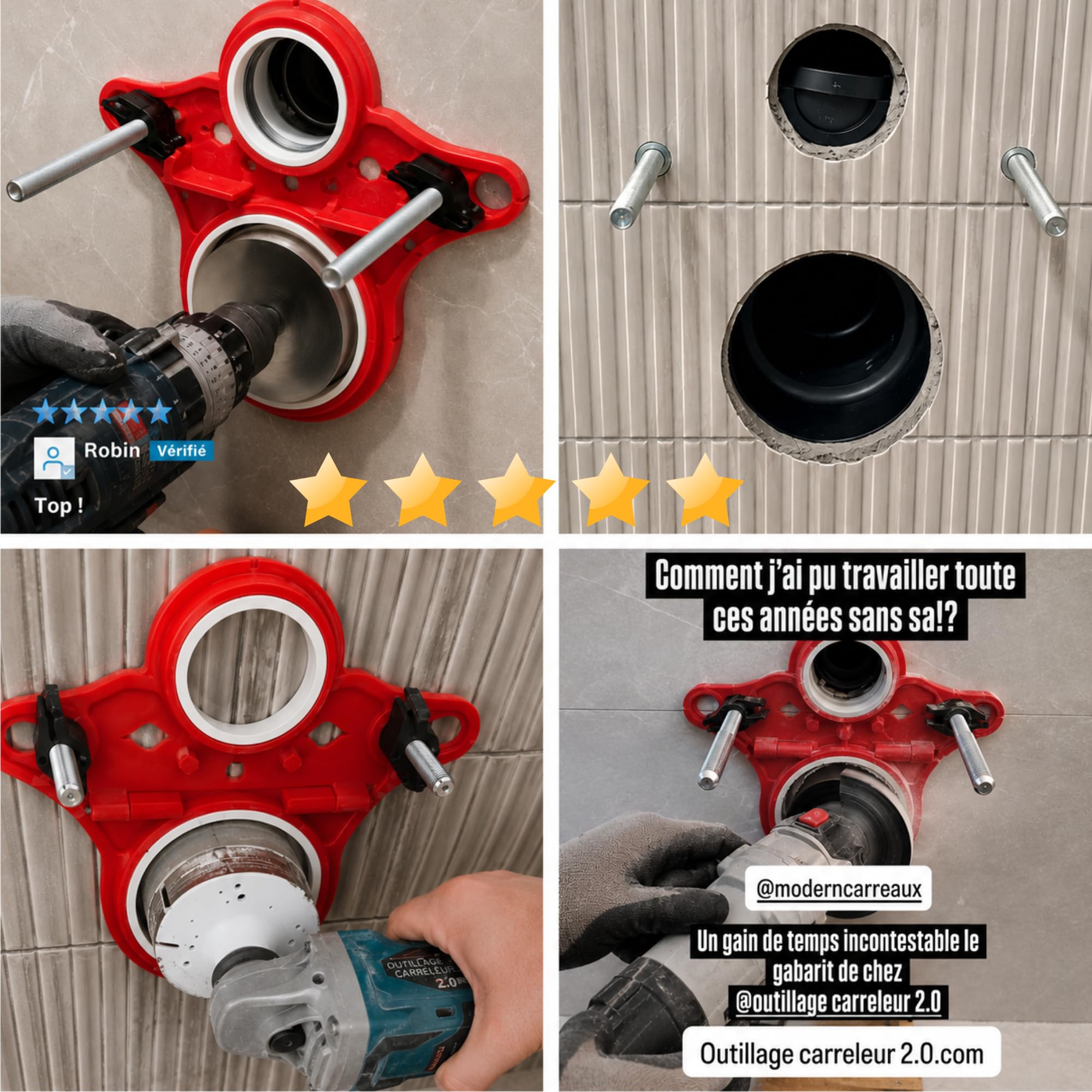 Plantilla de trazado para soporte de inodoro suspendido compatible Geberit – Plástico reforzado con portaminas y recargas – Outillage Carreleur 2.0