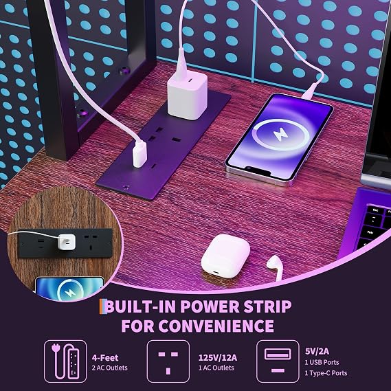 Space-Saving l-Shaped Gaming & Computer Desk – LED Lights, UK Power Outlets – Monitor Stand, Hutch, Storage Bag & CPU Shelf – Modern Gaming Table, Rustic Brown Finish