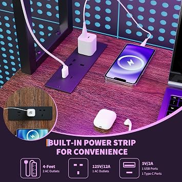 Space-Saving l-Shaped Gaming & Computer Desk – LED Lights, UK Power Outlets – Monitor Stand, Hutch, Storage Bag & CPU Shelf – Modern Gaming Table, Rustic Brown Finish