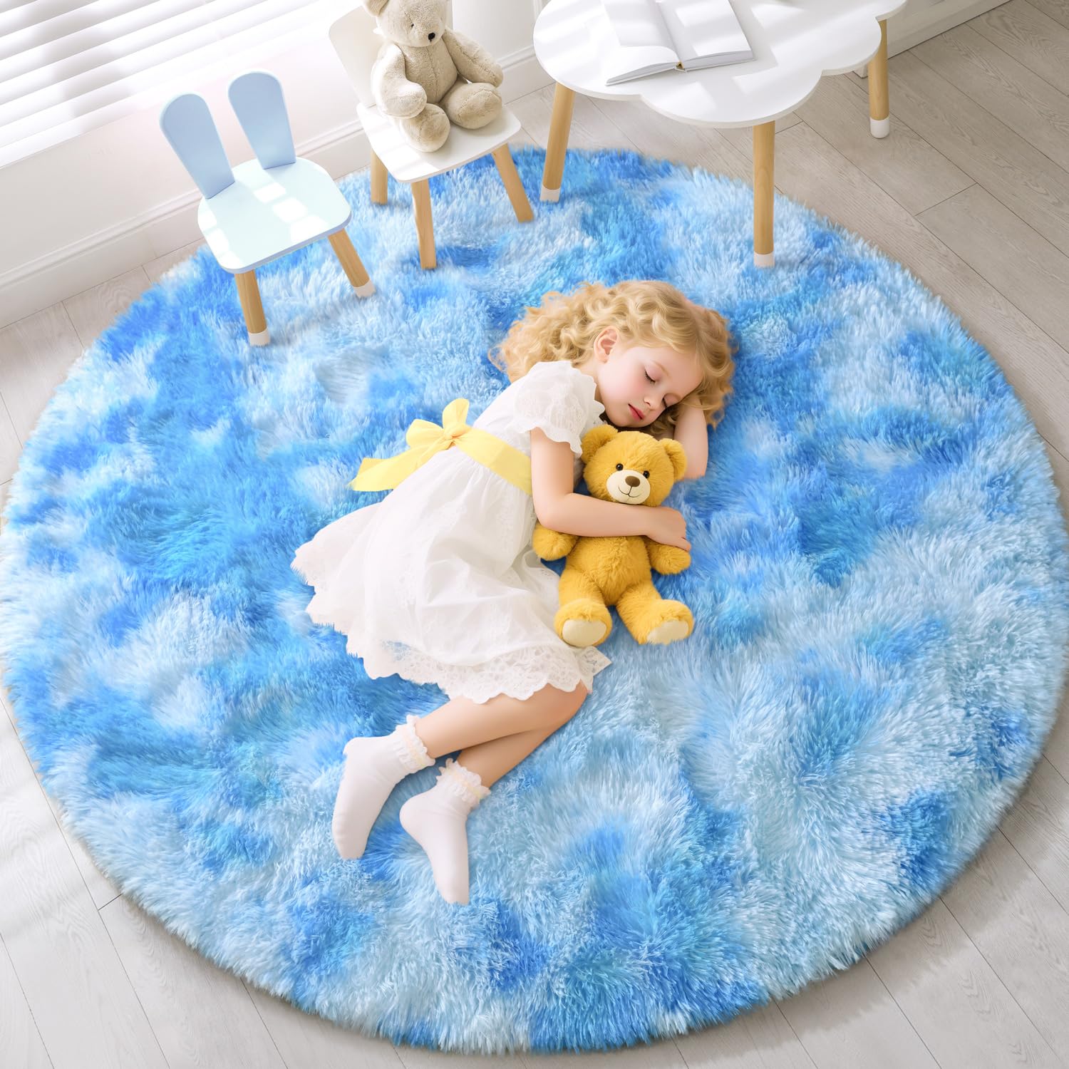 EVOIONOS Tie-Dyed Blue Round Rug Living Room, 6x6 Ft Fluffy Soft Circle Area Rugs Bedroom, Plush Shaggy Circular Carpet Indoor Floor Bedside Kids Nursery, Machine-Washable Home Decor Aesthetic