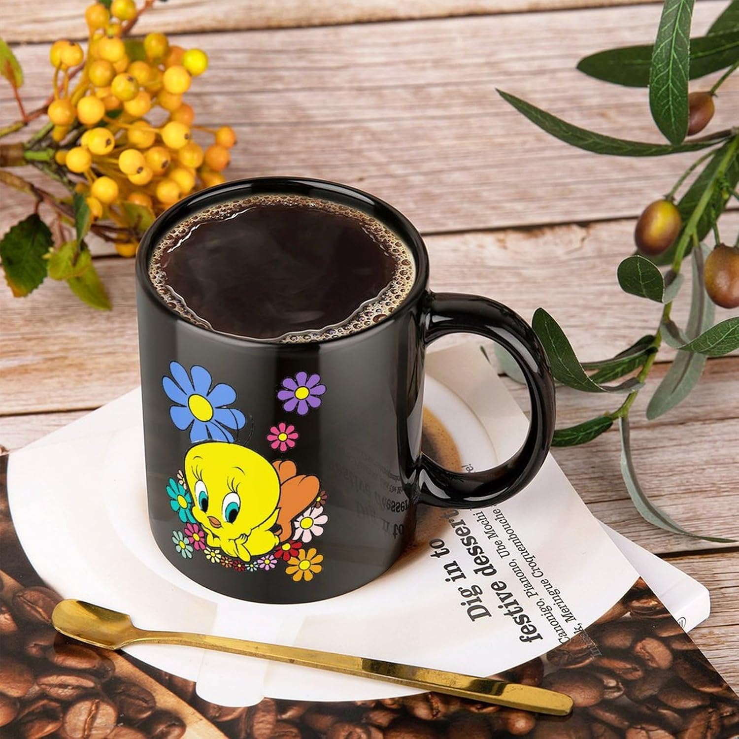 黒い マグカップ トゥイーティー 磁器カップ 両面印刷 コーヒーカップ ティーカップ コップ スープカップ 水筒 お茶カップ 飲用カ