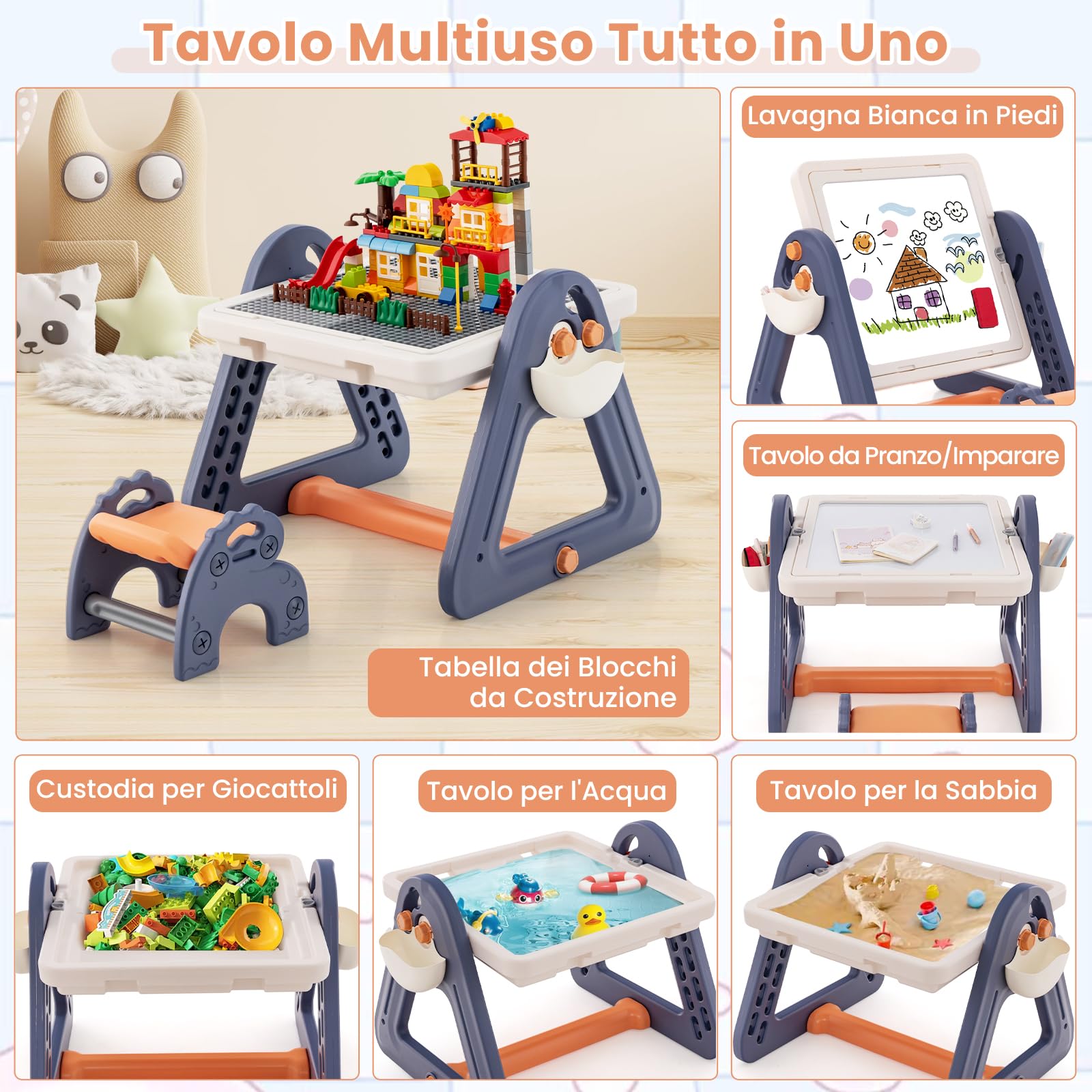 COSTWAY 2 in 1 Set Tavolo e Cavalletto per Bambini, Tavolo Multiattività con Sedia e Piano Reversibile, Set Tavolo Attività con 160 Blocchi da Costruzione 6 Pennarelli 1 Cancellino, 84x58x55 cm