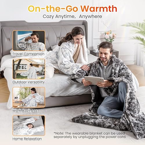 Miniatura 6 de WOOMER Manta eléctrica de calefacción portátil de 50 x 70 pulgadas, suave piel sintética y acogedora manta térmica eléctrica Sherpa con bolsillos