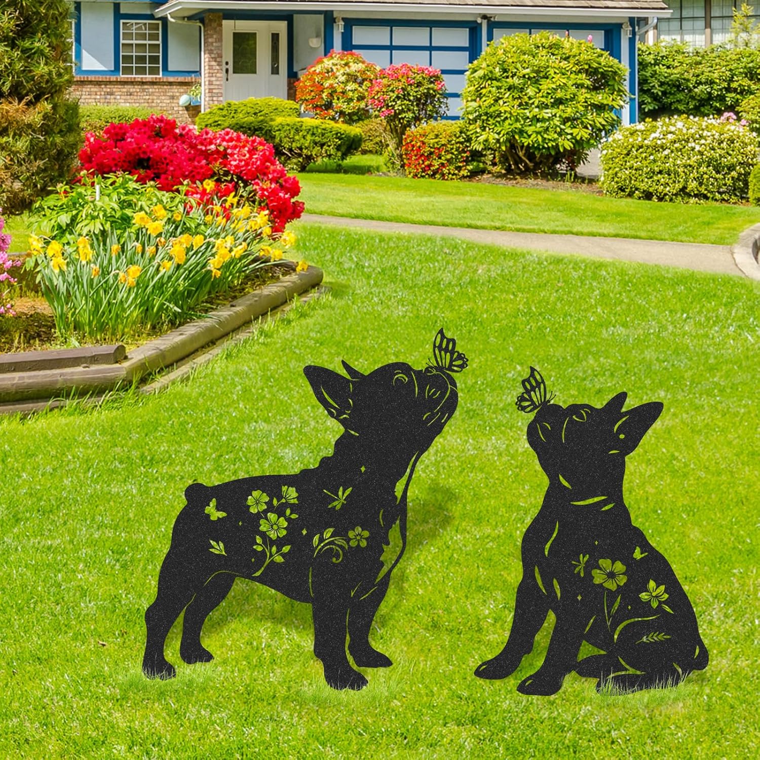 French Bulldog Garden Decor - 2 Pcs Metal Animal Statue Gifts Set for Dog Lover Black Yard Stakes Decorations with Butterfly Flower Silhouette Outdoor Sign Patio Lawn Pathway Art Ornaments - Image 3