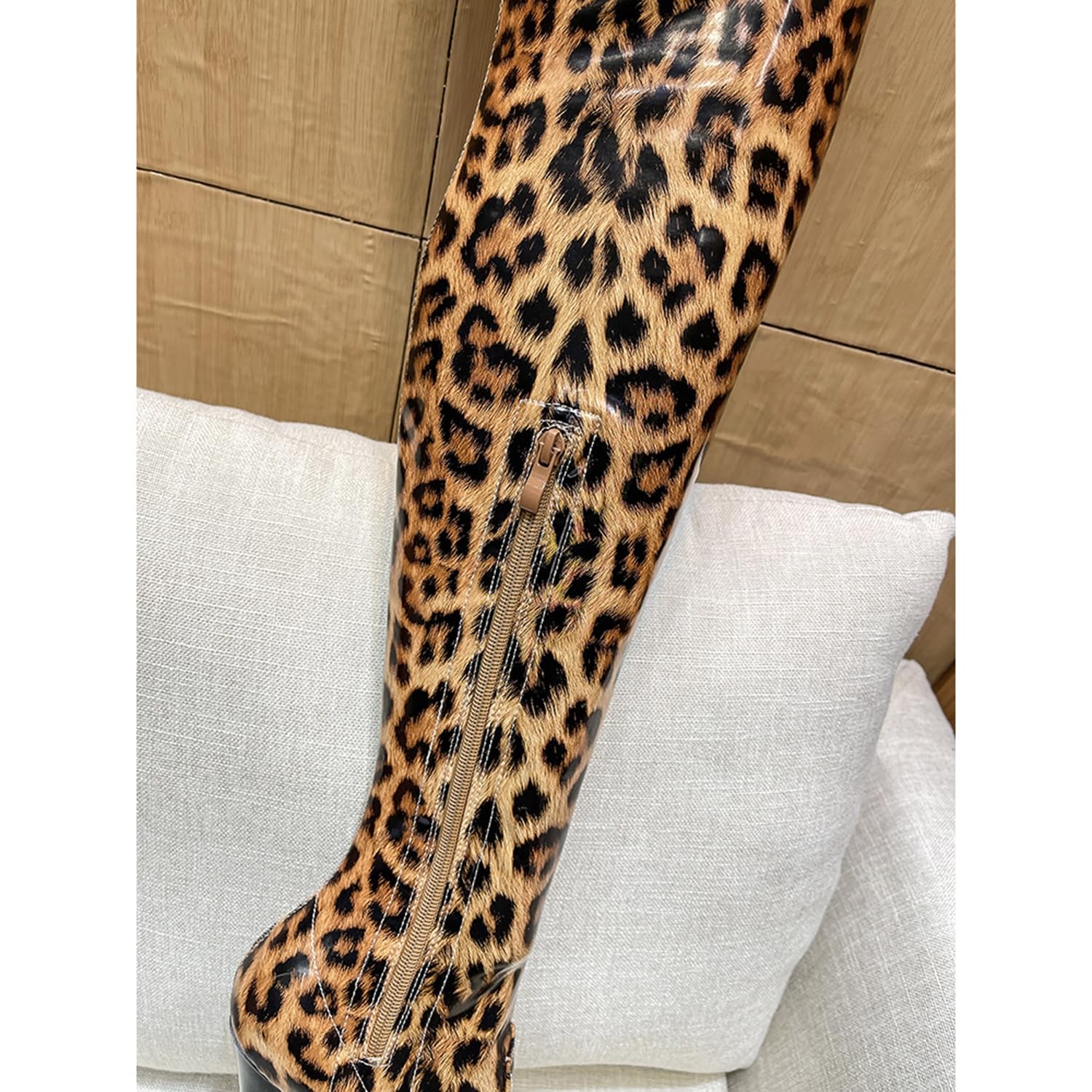 19CM Super Hauts Talons imprimé léopard Stretch Cuissardes en Cuir Verni Sexy fétiche Plate-Forme zippée sur Le Genou Botte Strip-teaseuse Club pôle Chaussures de Danse Grande Taille 36-50