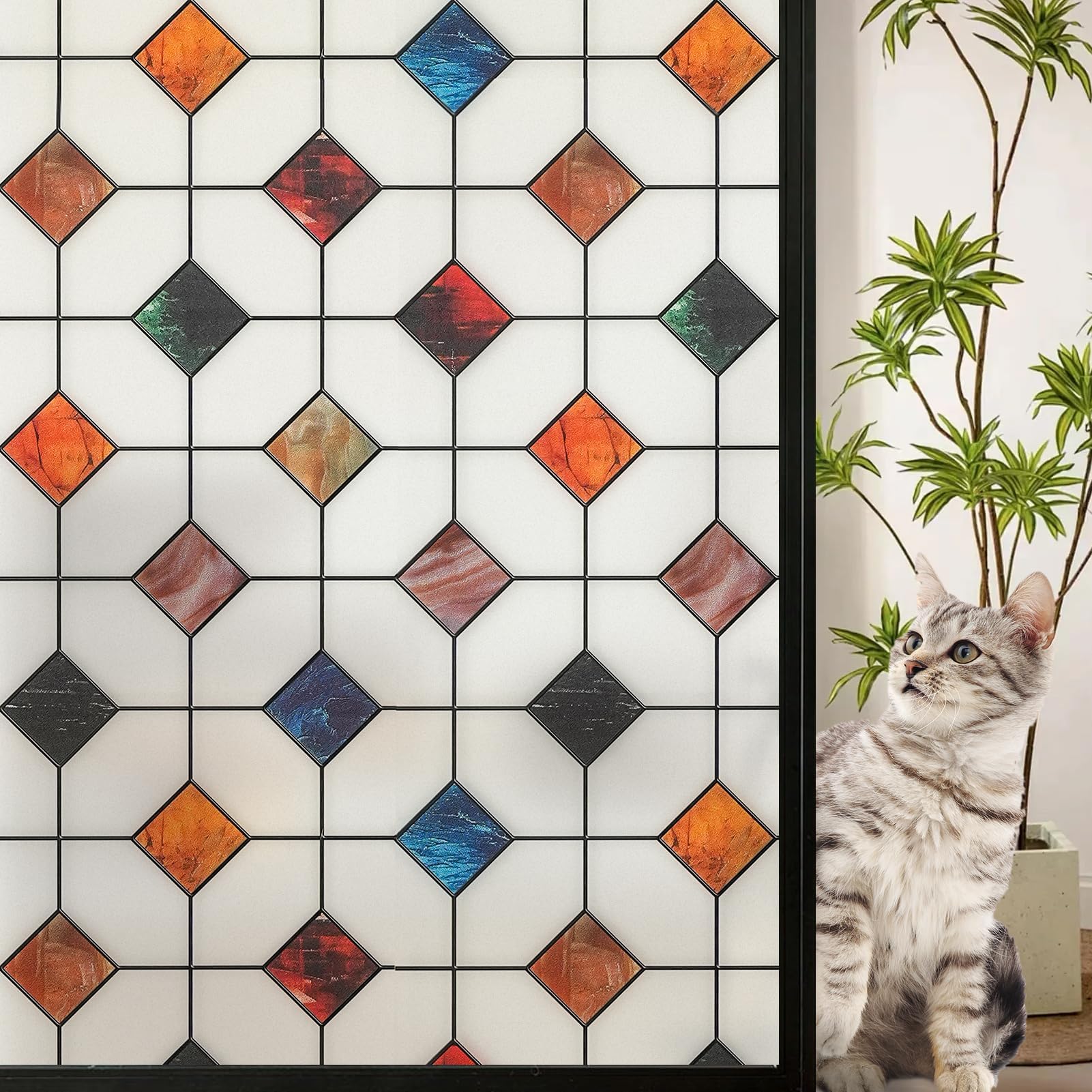 dktie Stained Glass Window Film Privacy Geometric Patterns, Fine Frosted Window Clings for Glass Windows, Waterproof for Bathroom Window Privacy Film Day and Night 44.5x200cm