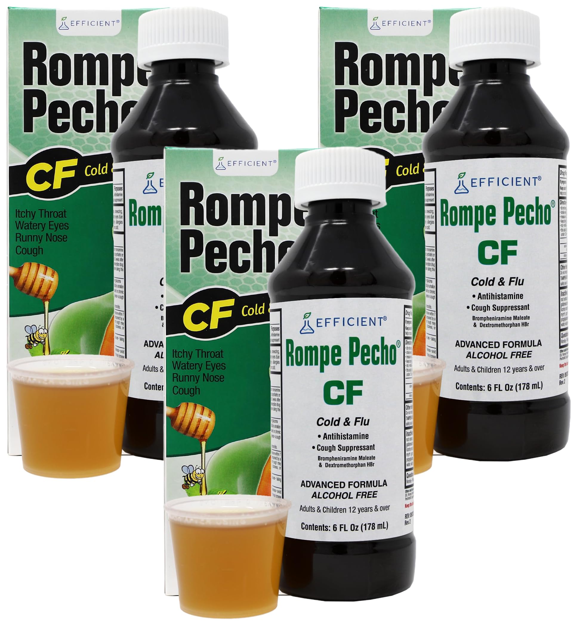 ROMPE PECHO CF, Cold and Flu Syrup, 6 FL Oz, Bottle (Pack of 3)