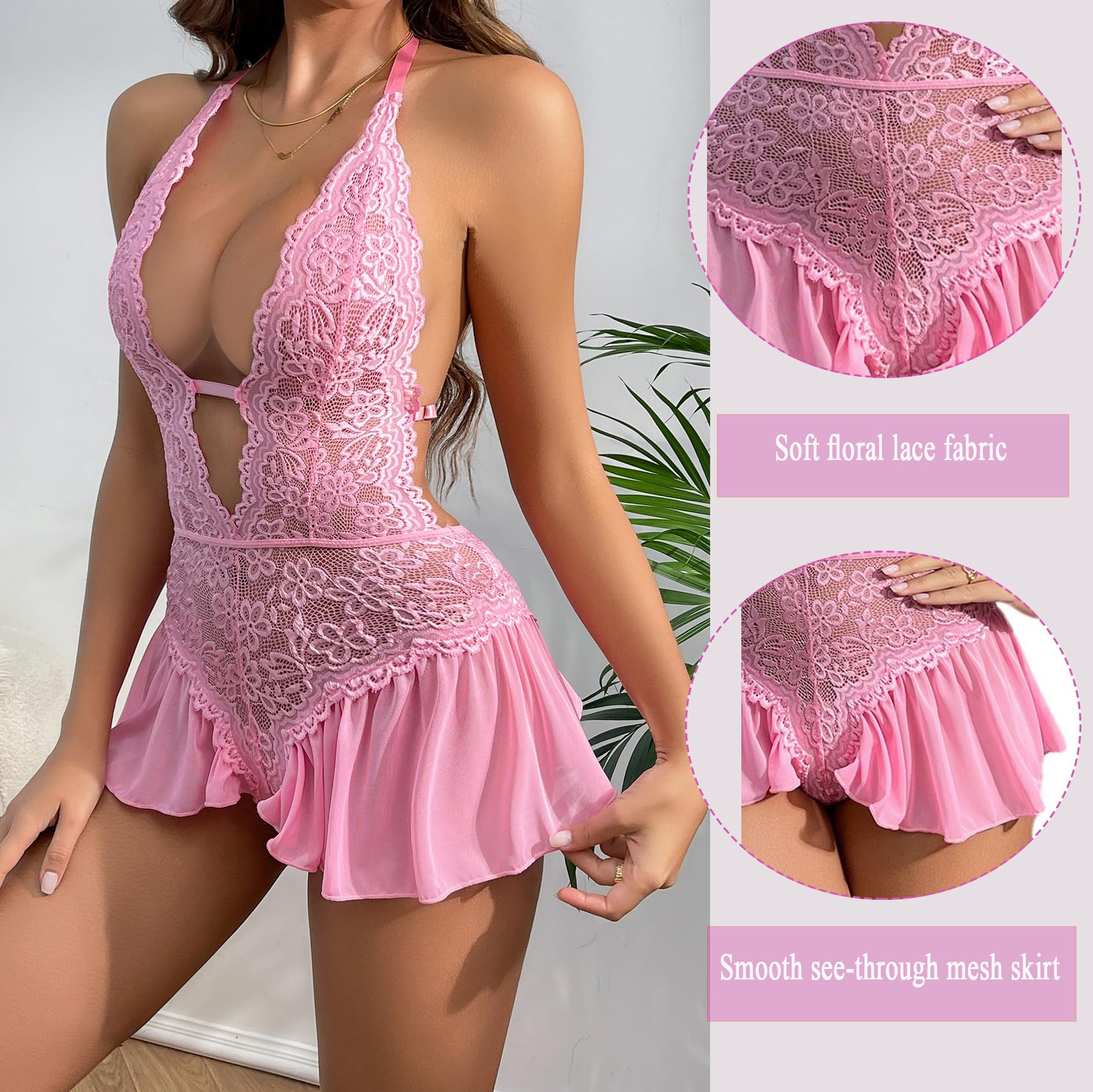 WBDWWTD Nuisette Sexy pour Femme en Dentelle Florale - Body Dos Nu en V Profond - Une pièce Dos Nu - Chemise de Nuit Creuse - Jupe en Maille - Patchwork - Chemise de Nuit pour Femme pour la